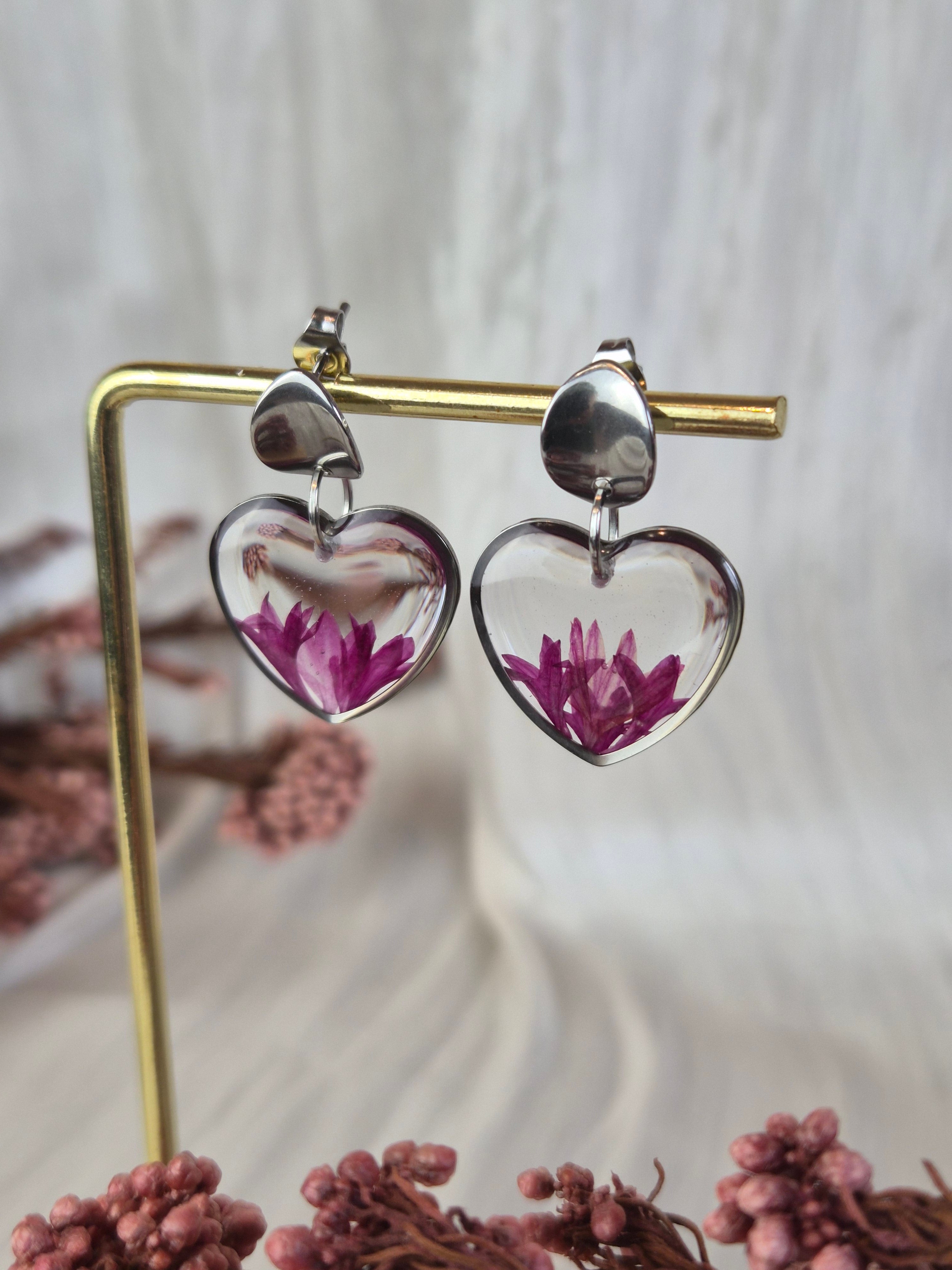 Heart Resin Earrings with Pink Dried Flowers | Handmade Floral Earrings