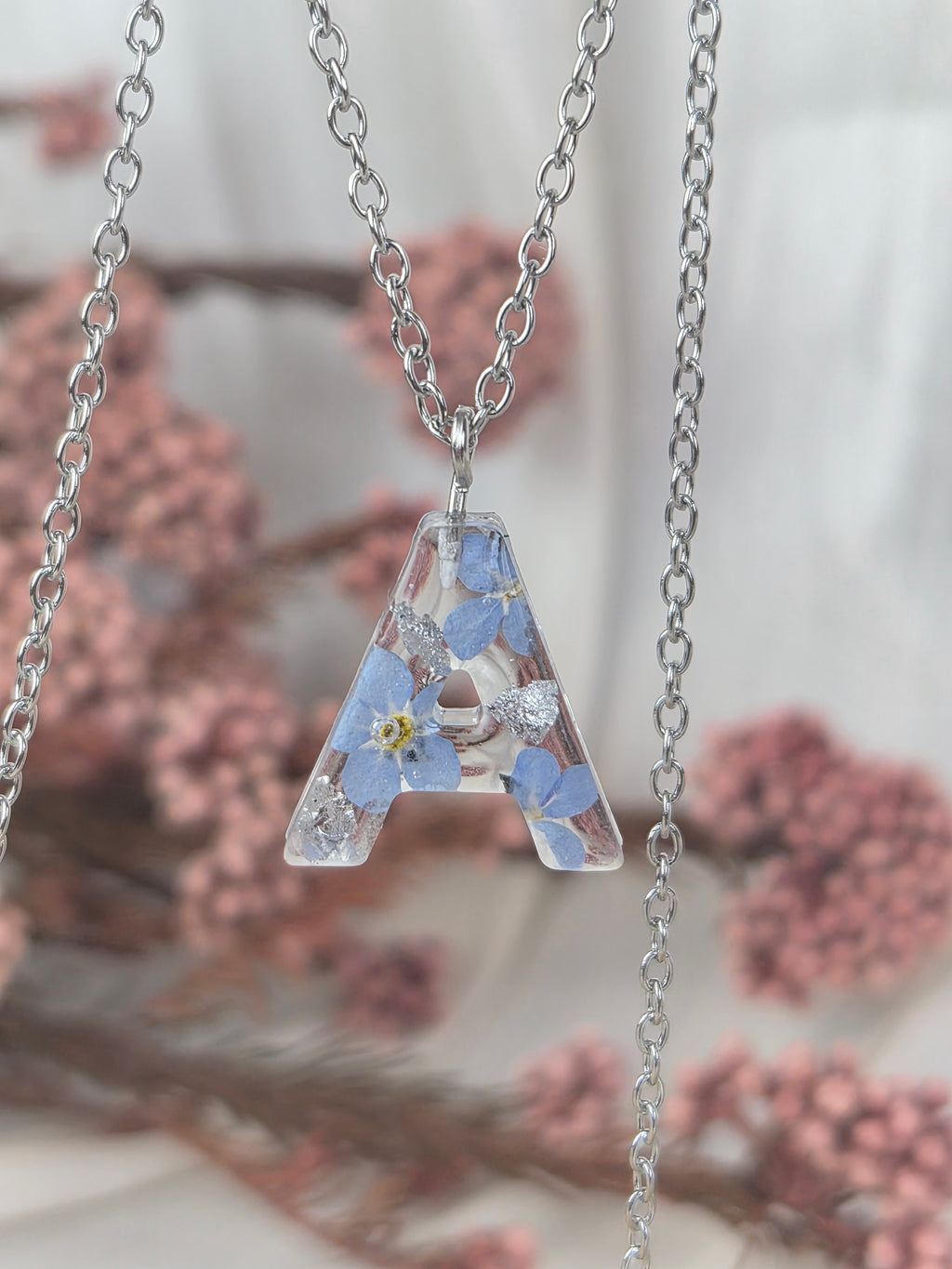 Personalized Initial Necklace with Real Forget-Me-Not Flowers – Handmade Botanical Jewelry