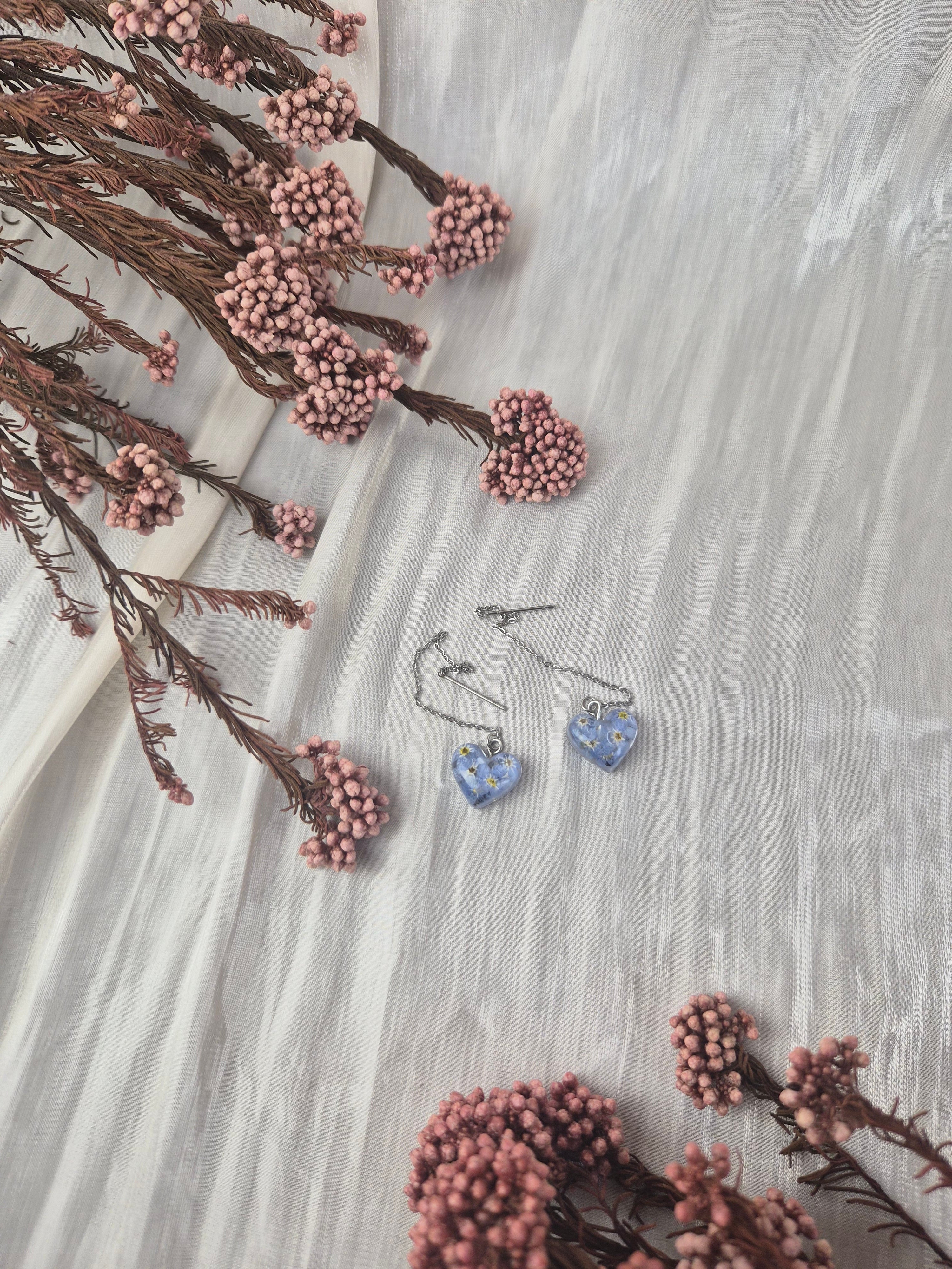 Real Forget-Me-Not Heart Earrings – Handmade Botanical Jewelry