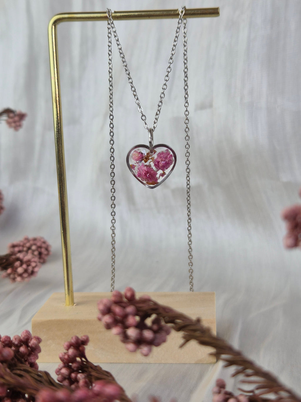 Pink Baby's Breath Heart Necklace