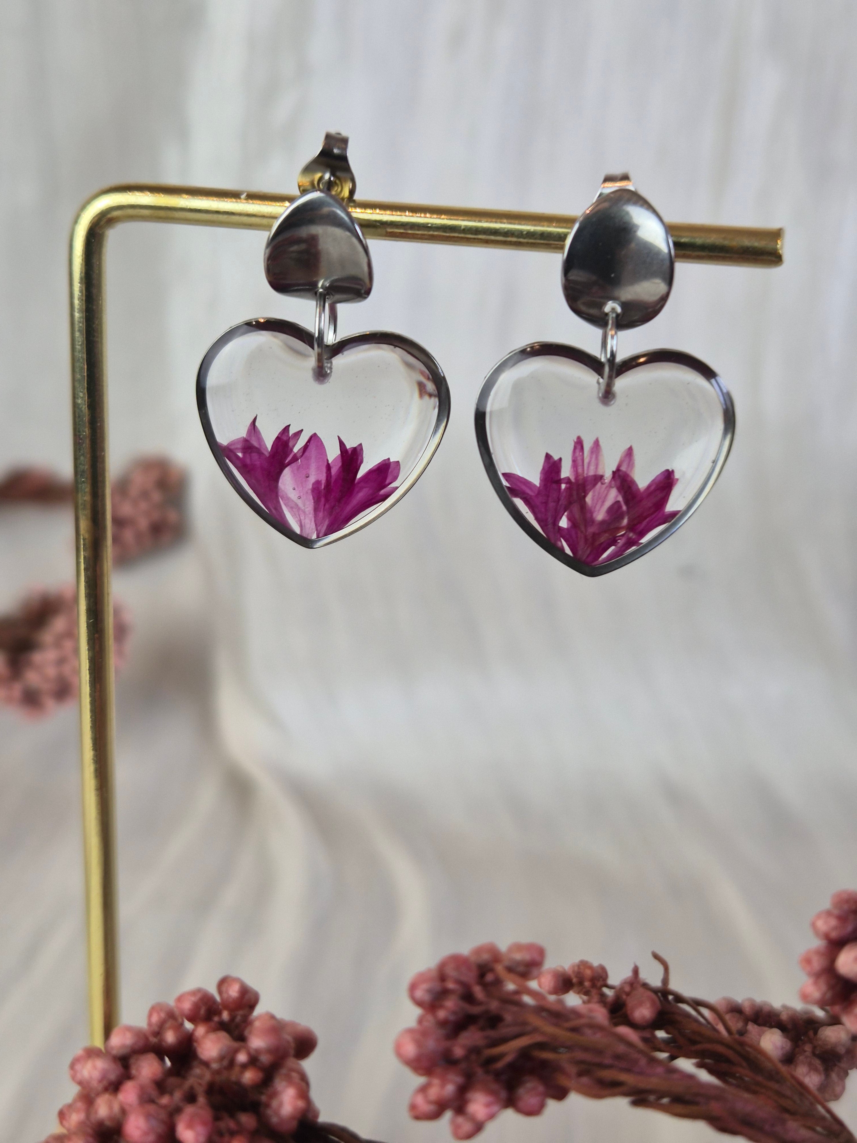 Heart Resin Earrings with Pink Dried Flowers | Handmade Floral Earrings