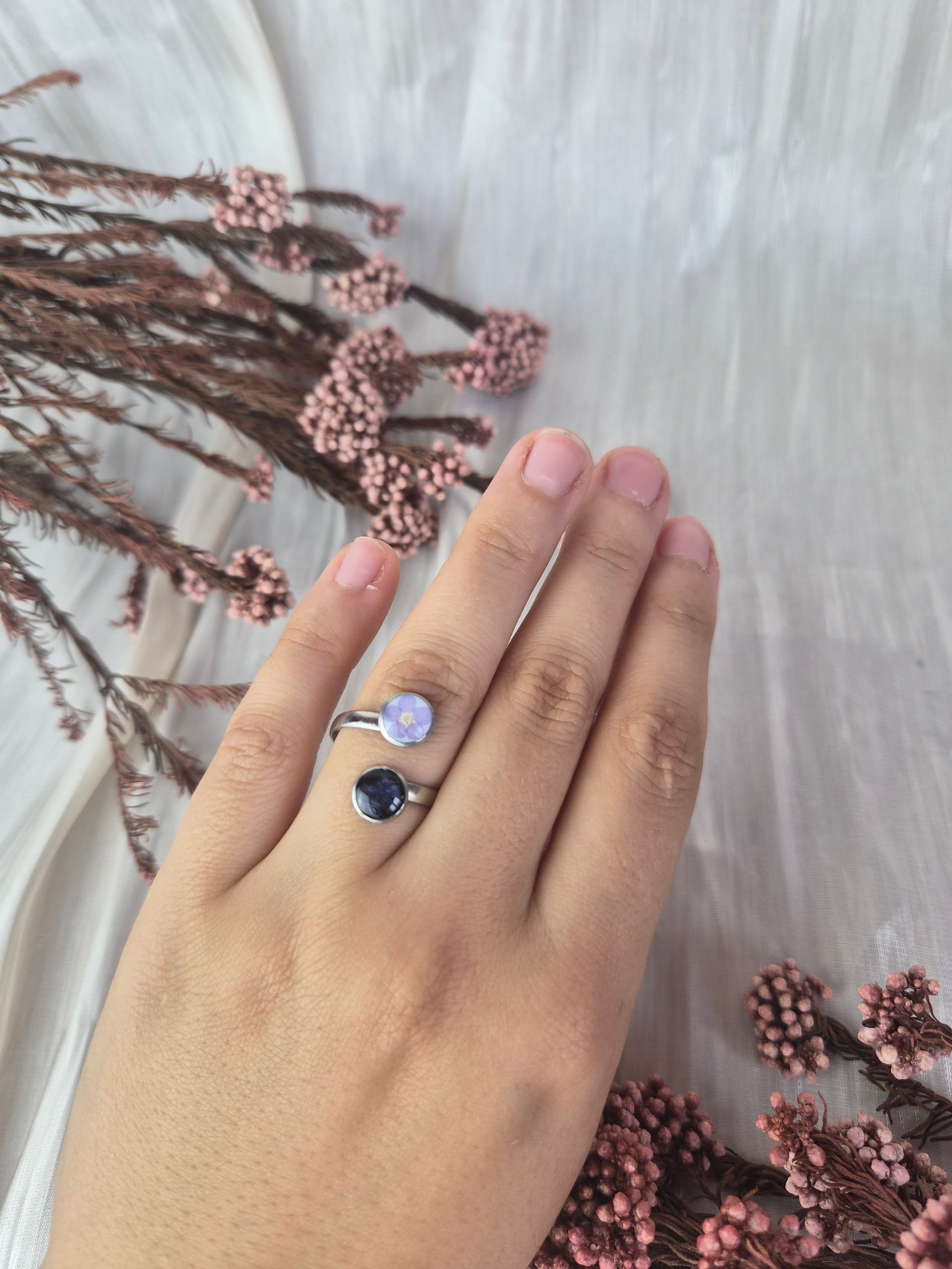 Adjustable Ring with Real Forget-Me-Not and Cornflower Petals