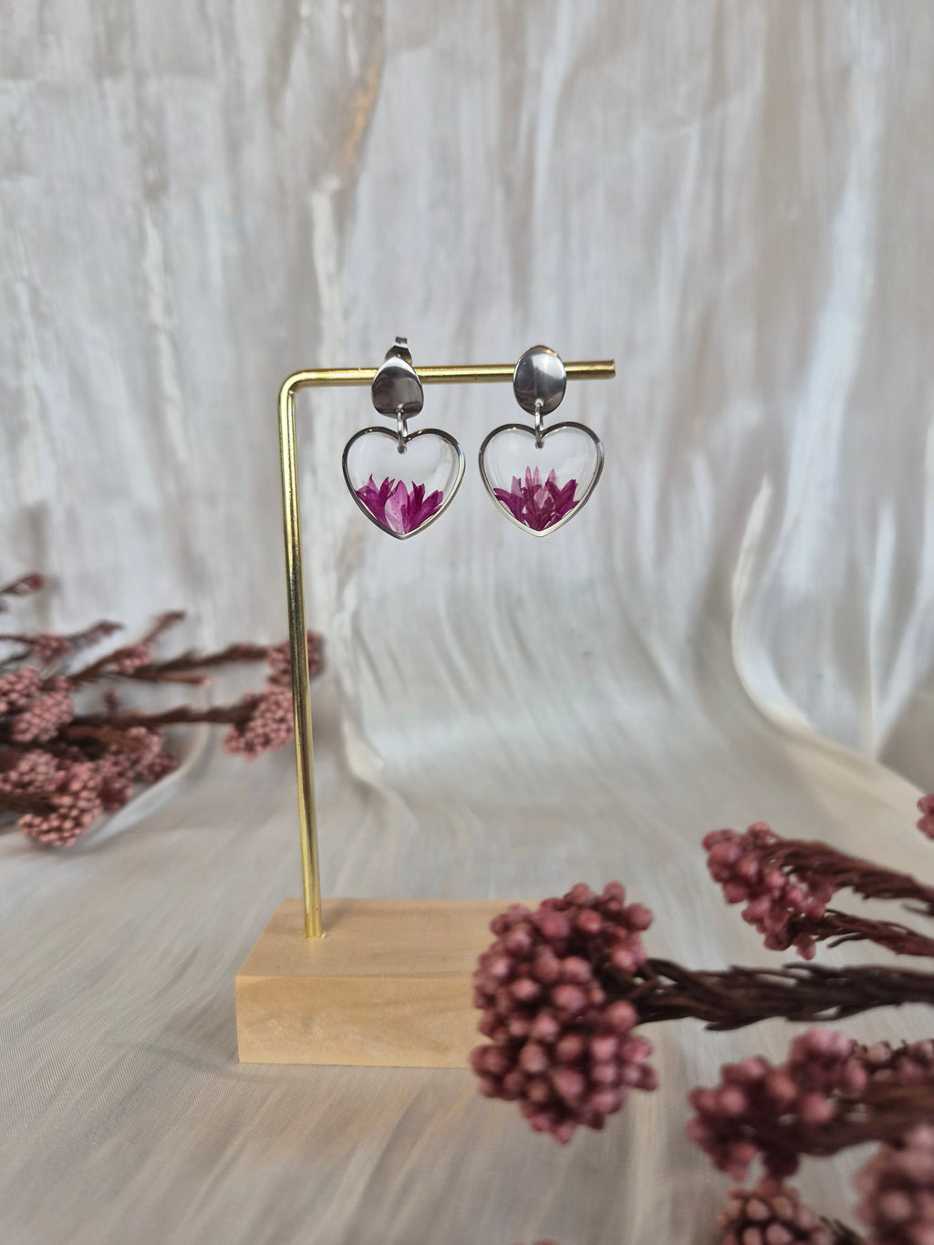 Heart Resin Earrings with Pink Dried Flowers | Handmade Floral Earrings