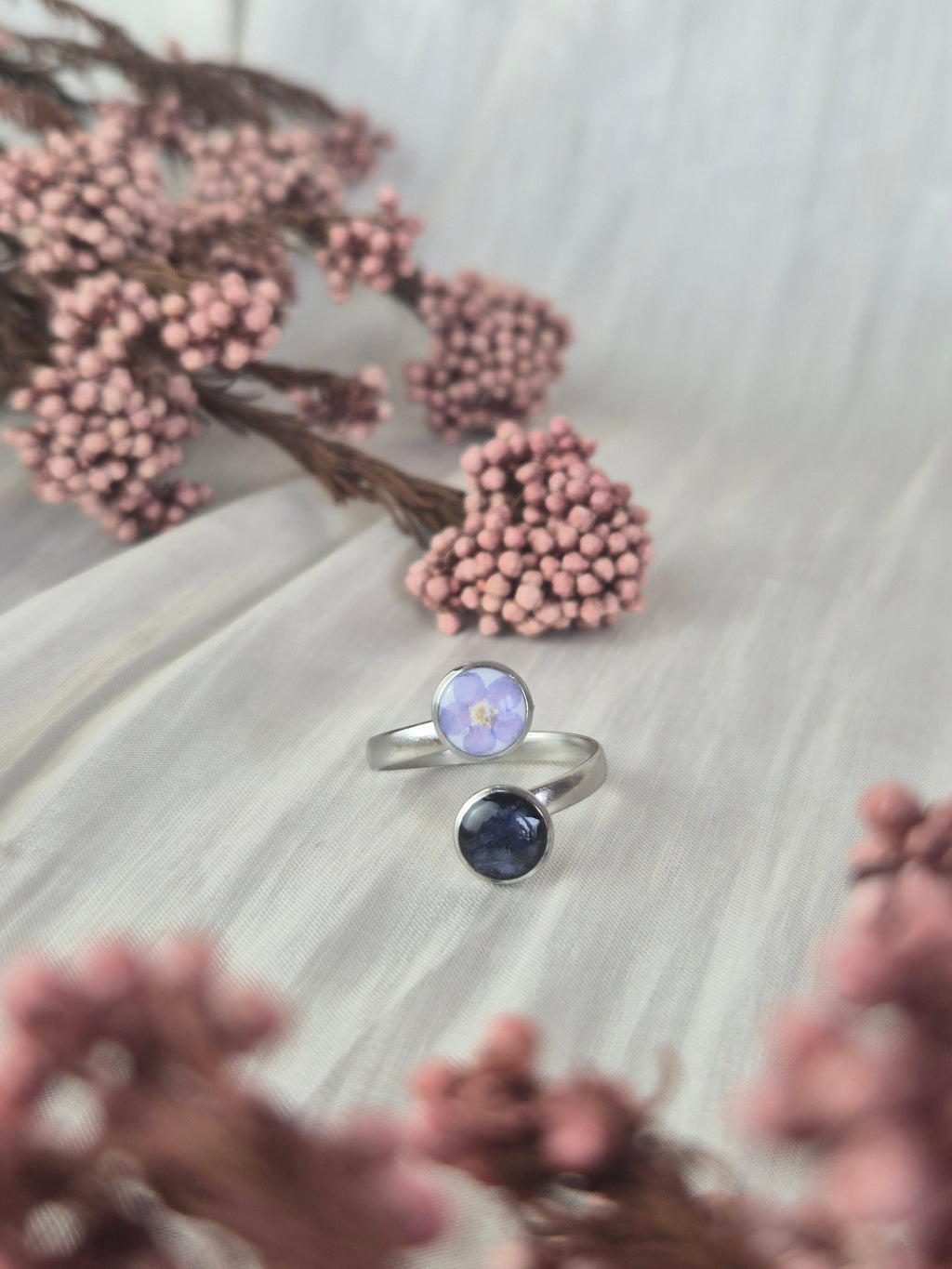 Adjustable Ring with Real Forget-Me-Not and Cornflower Petals