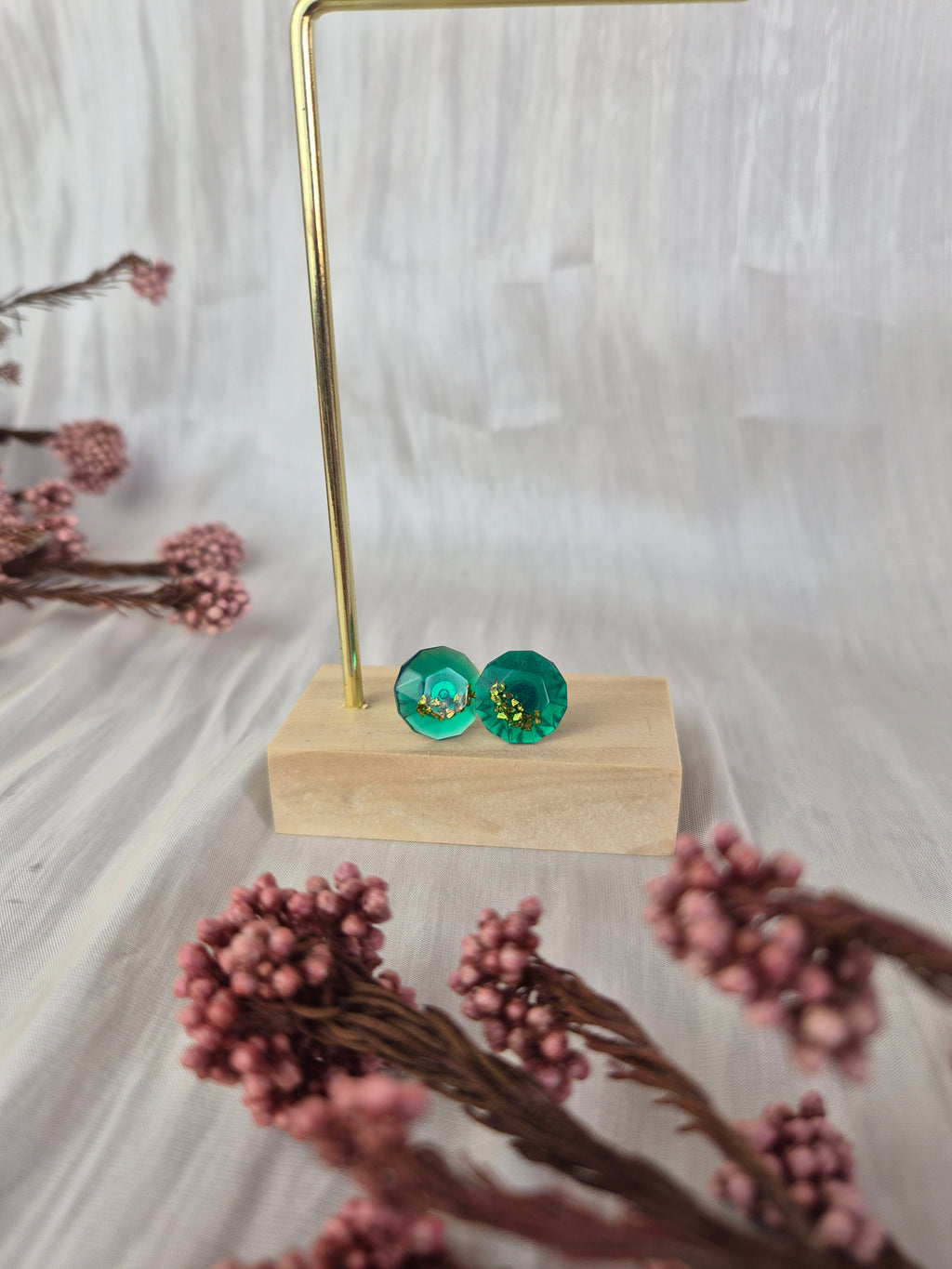 Emerald Green Resin Stud Earrings with Gold Flakes