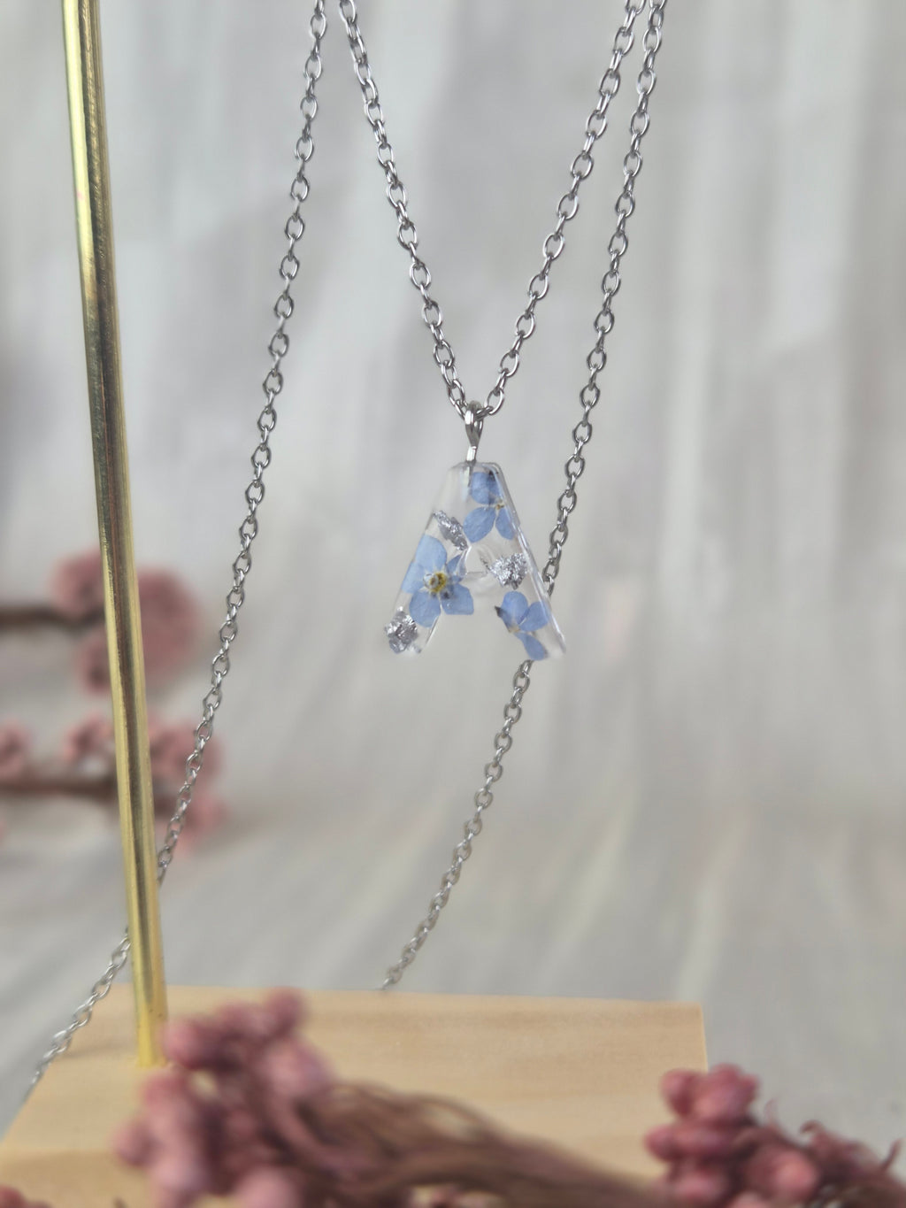 Personalized Initial Necklace with Real Forget-Me-Not Flowers – Handmade Botanical Jewelry