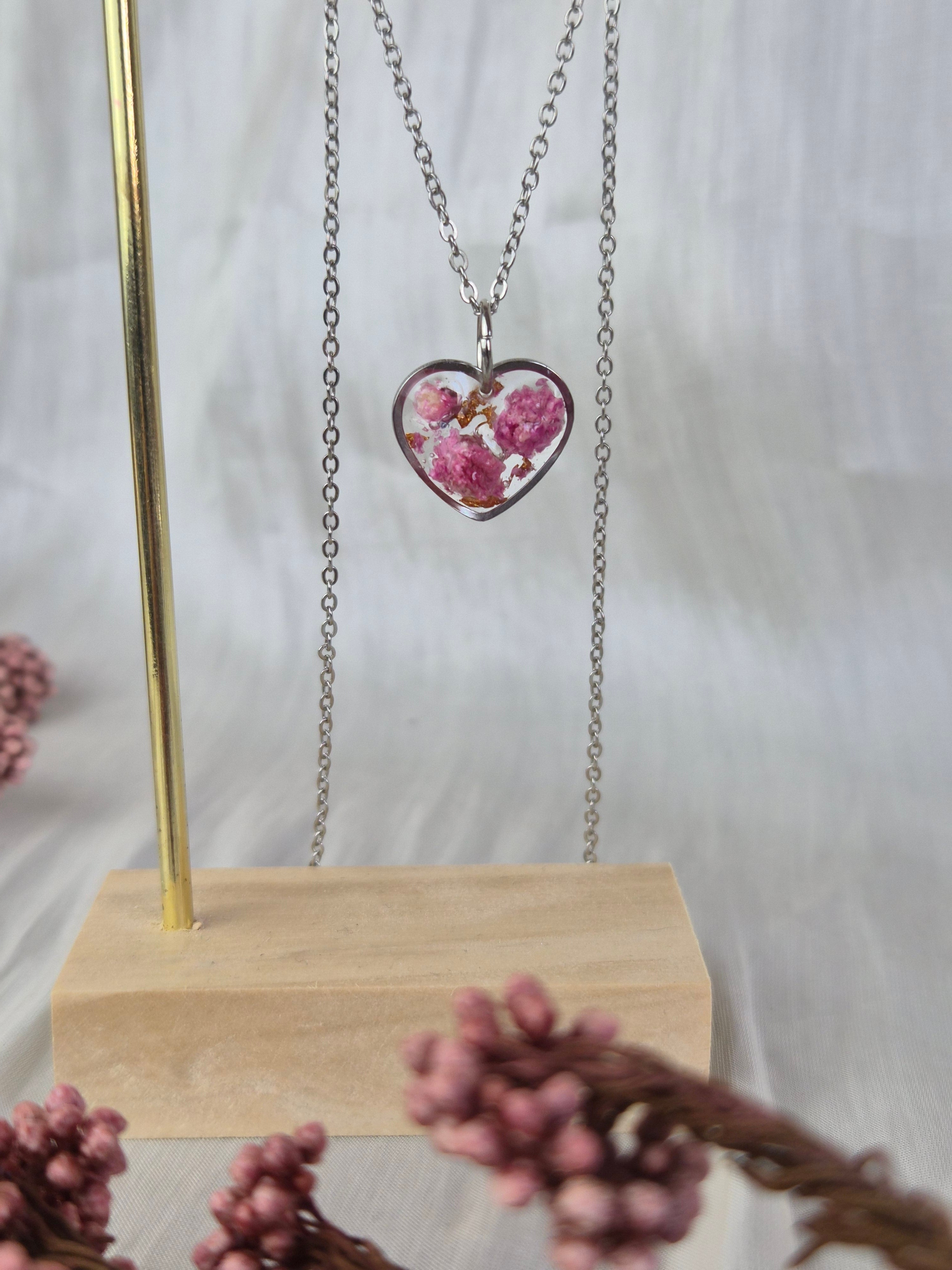 Pink Baby's Breath Heart Necklace