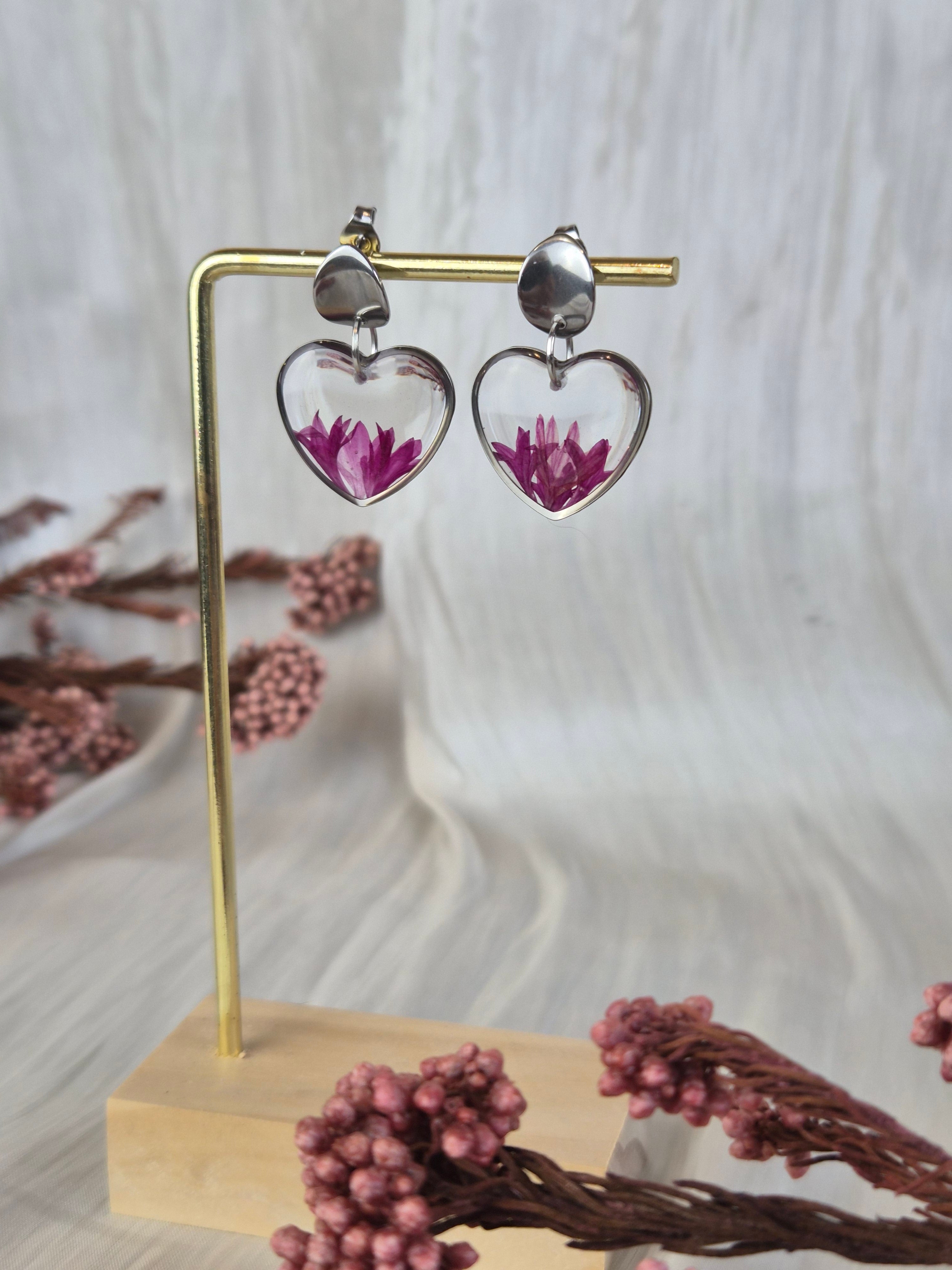 Heart Resin Earrings with Pink Dried Flowers | Handmade Floral Earrings