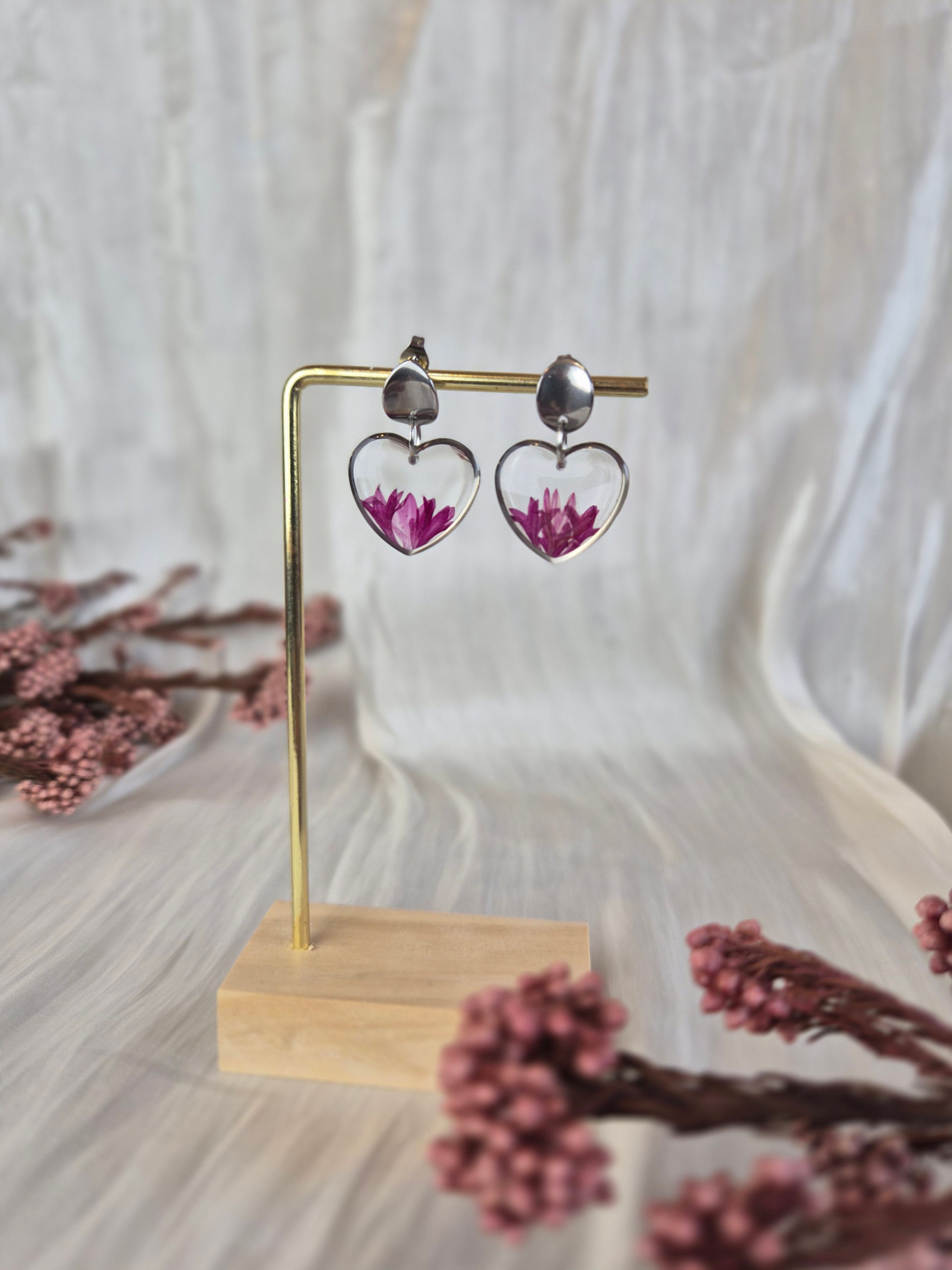 Heart Resin Earrings with Pink Dried Flowers | Handmade Floral Earrings