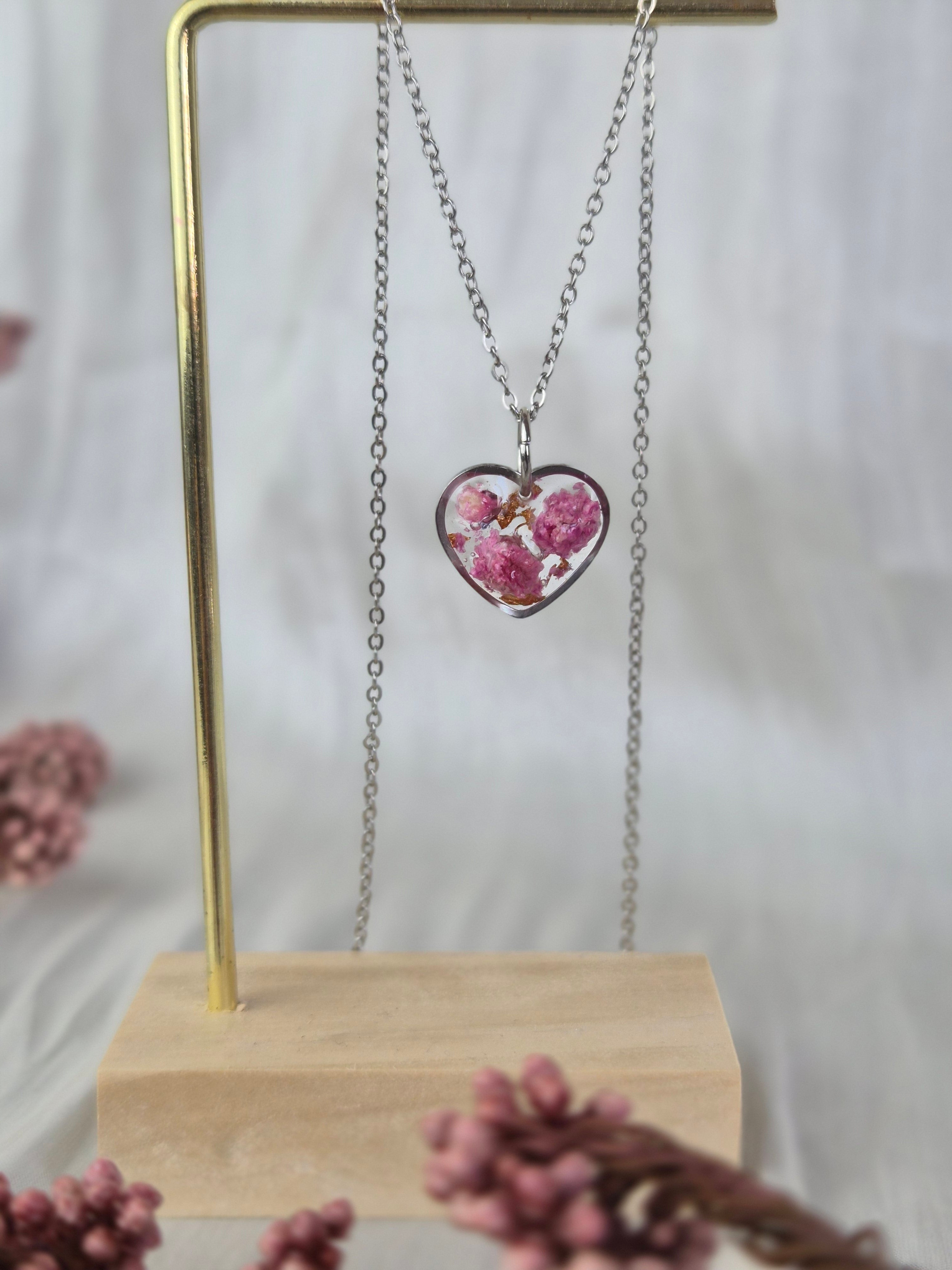 Pink Baby's Breath Heart Necklace