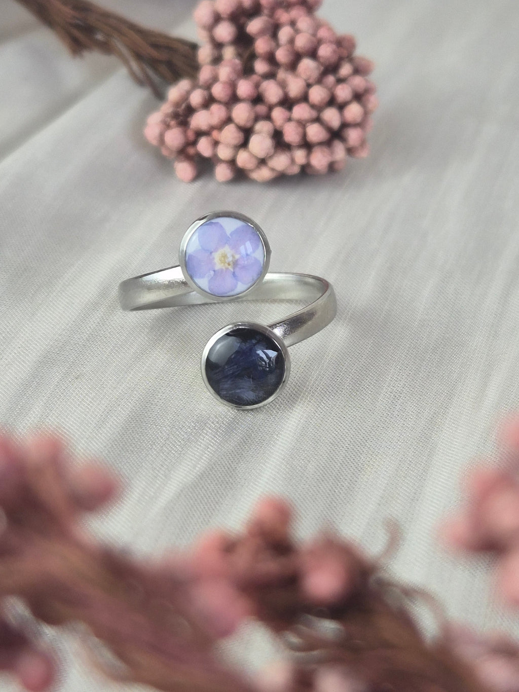 Adjustable Ring with Real Forget-Me-Not and Cornflower Petals