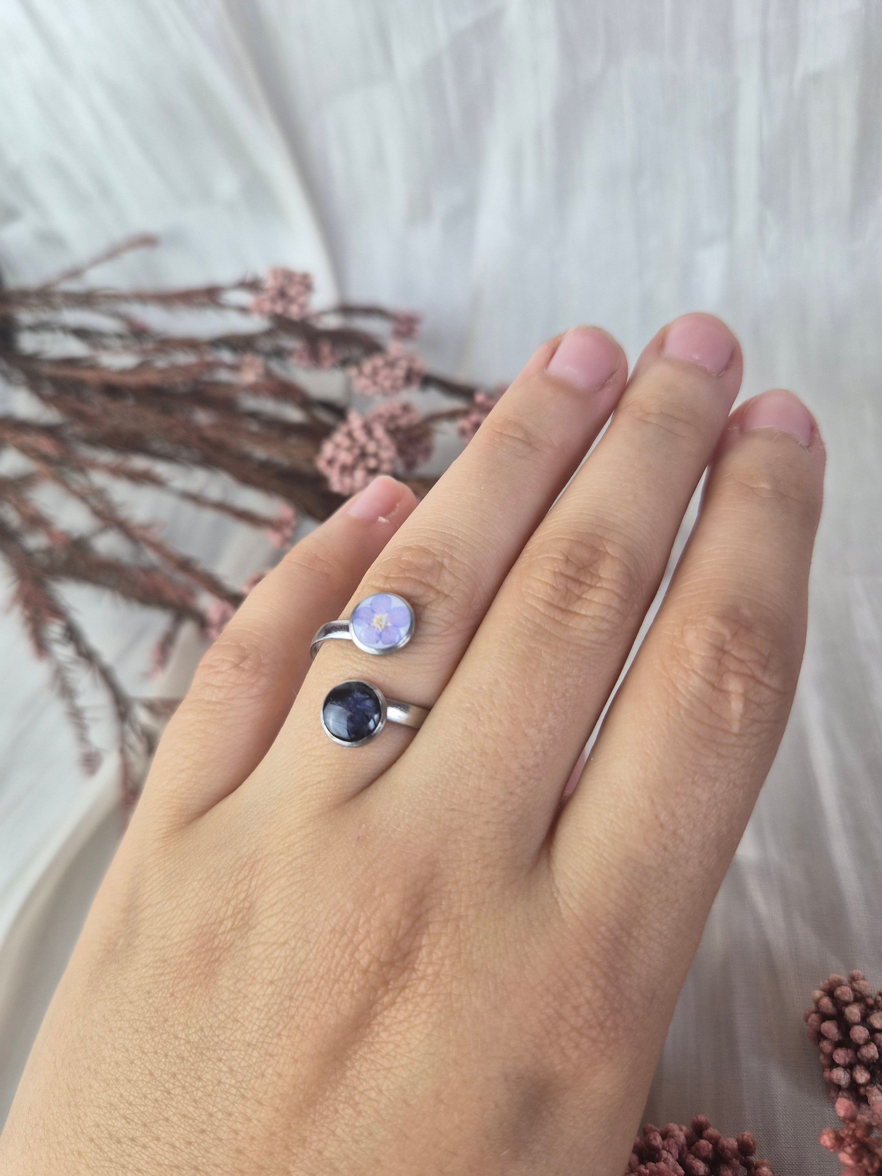 Adjustable Ring with Real Forget-Me-Not and Cornflower Petals