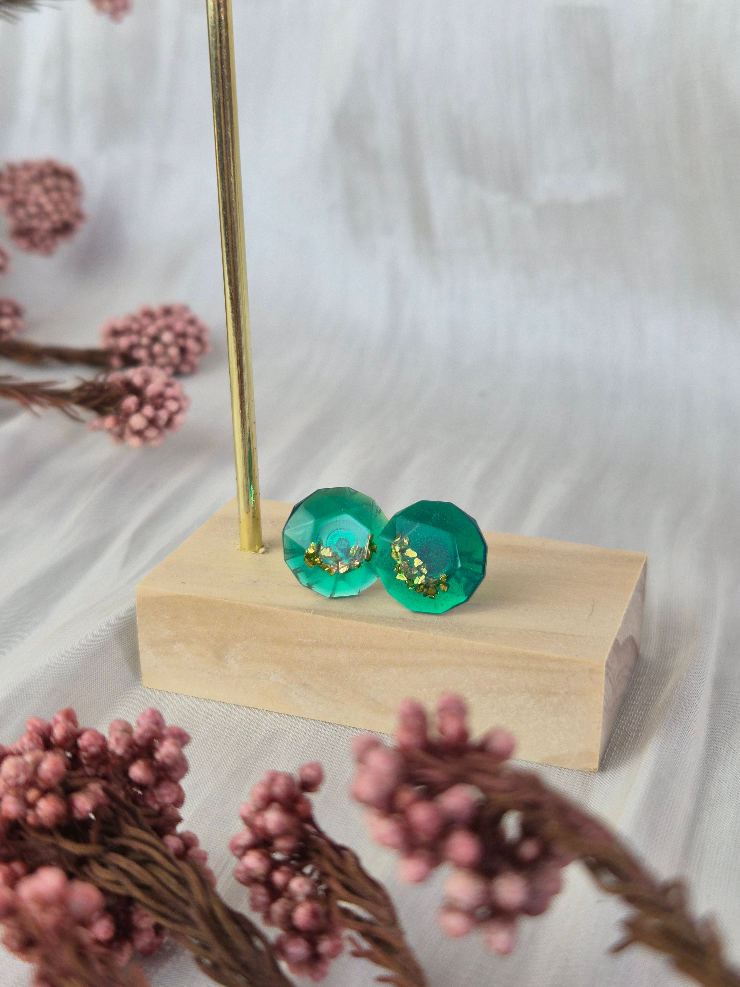 Emerald Green Resin Stud Earrings with Gold Flakes