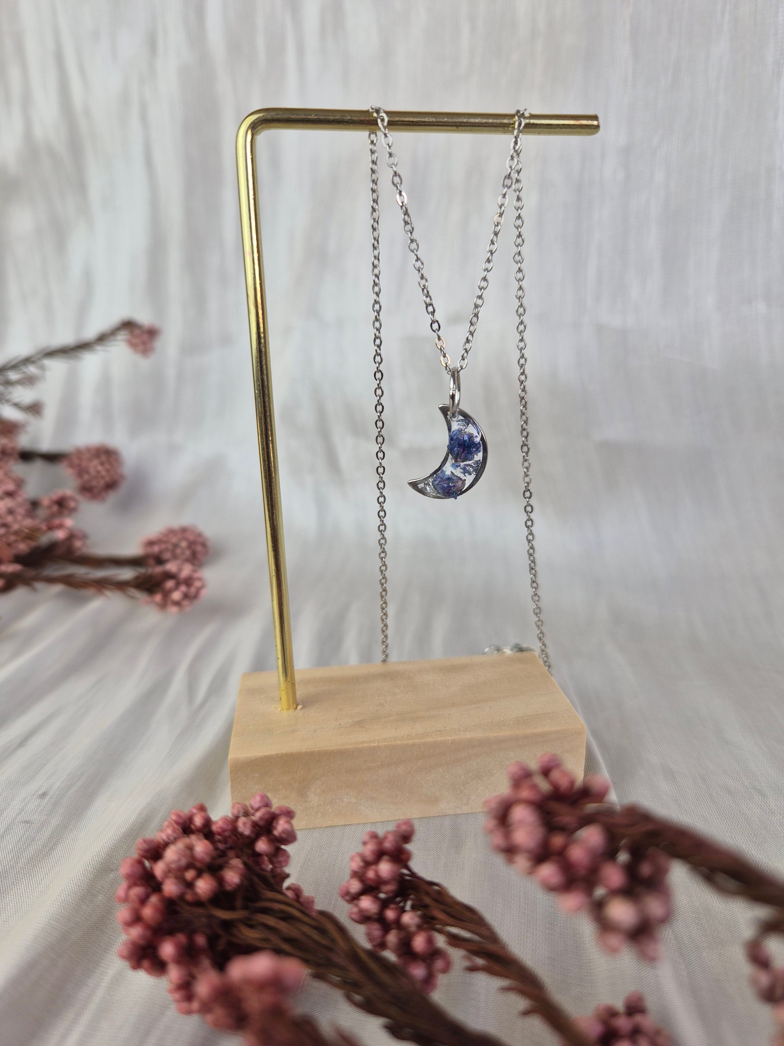 Blue Baby's Breath Moon Necklace