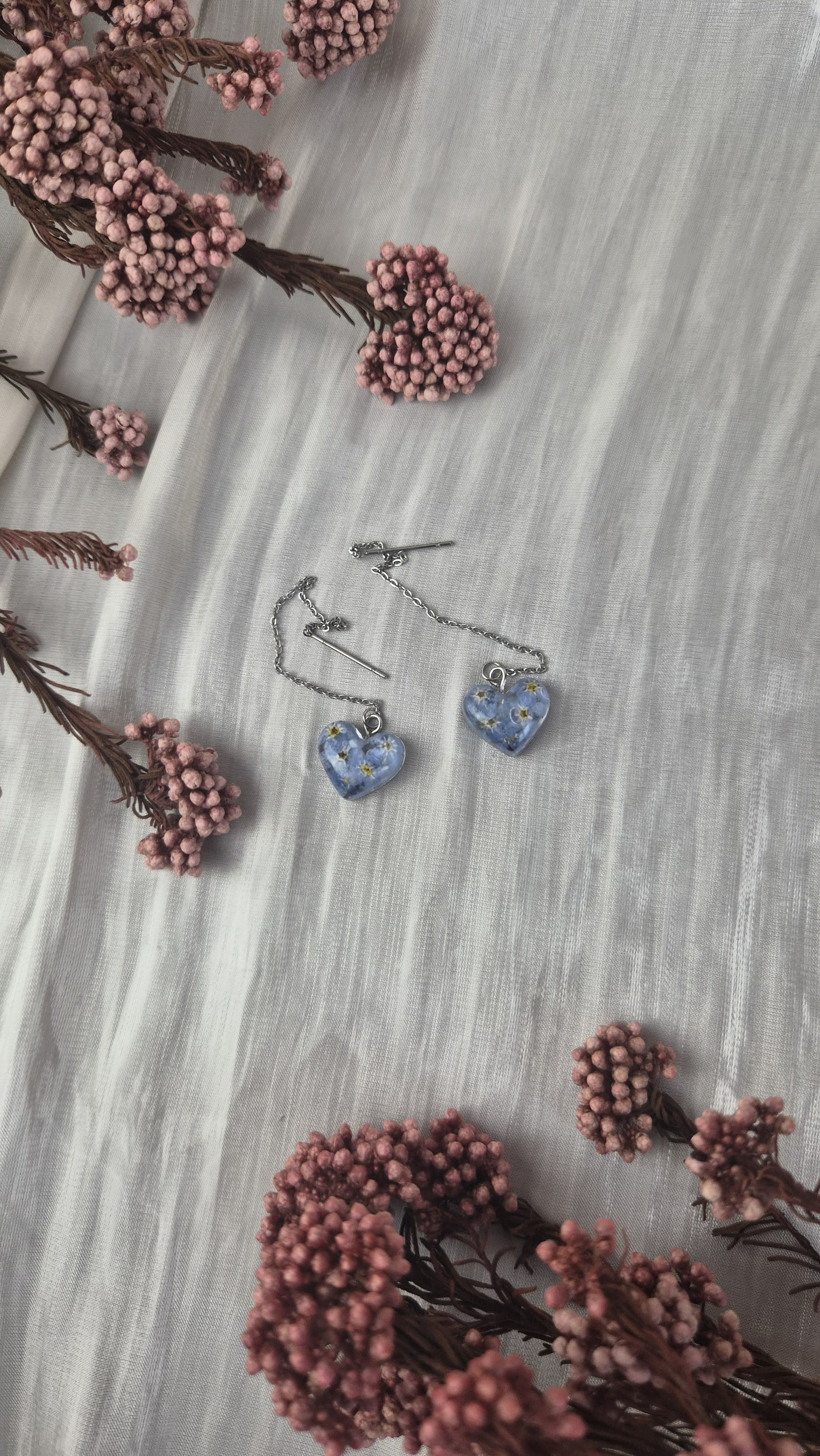 Real Forget-Me-Not Heart Earrings – Handmade Botanical Jewelry
