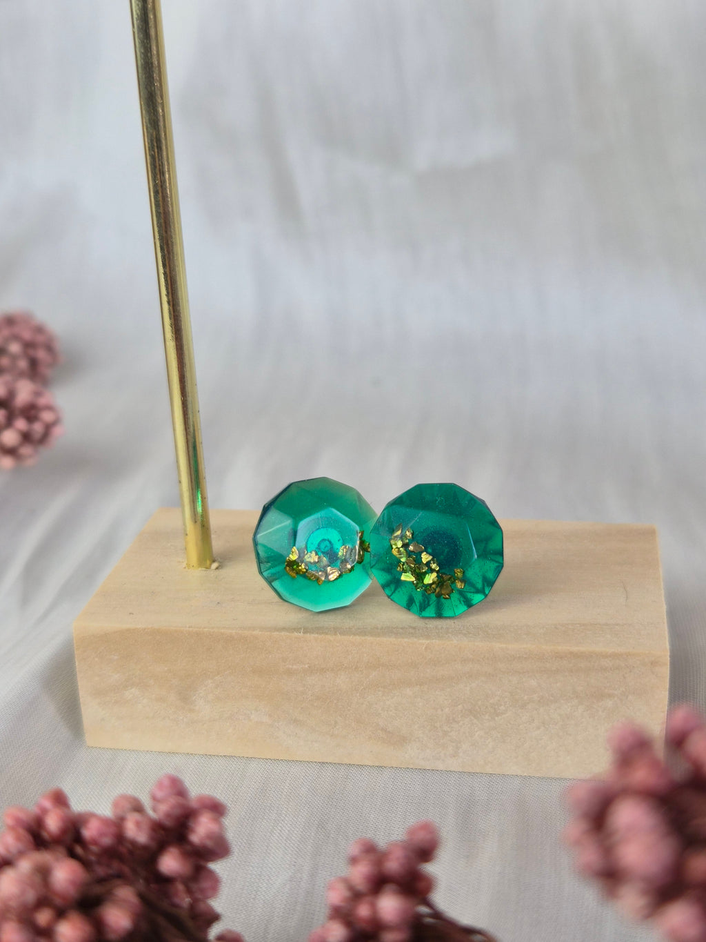 Emerald Green Resin Stud Earrings with Gold Flakes
