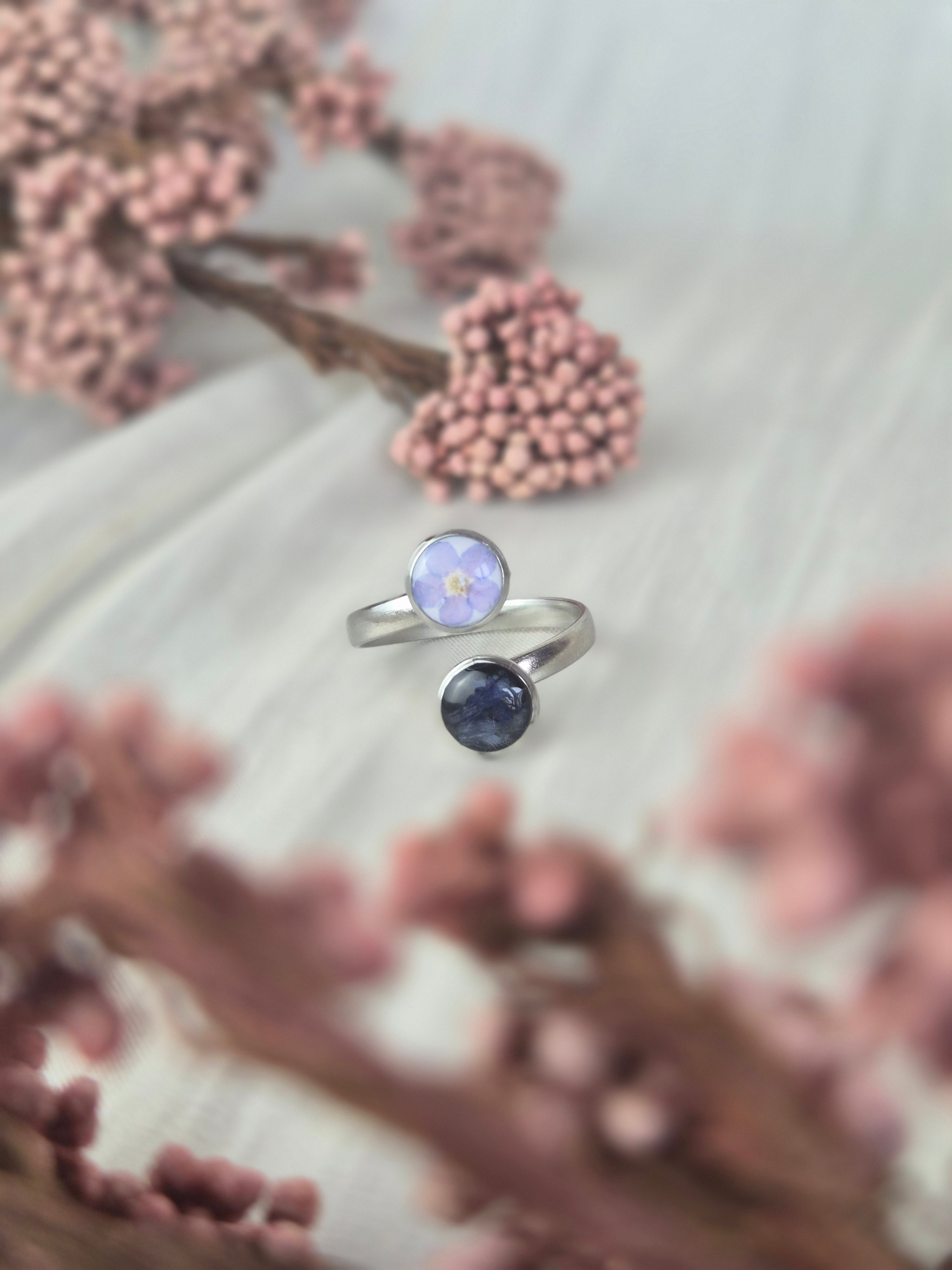 Adjustable Ring with Real Forget-Me-Not and Cornflower Petals