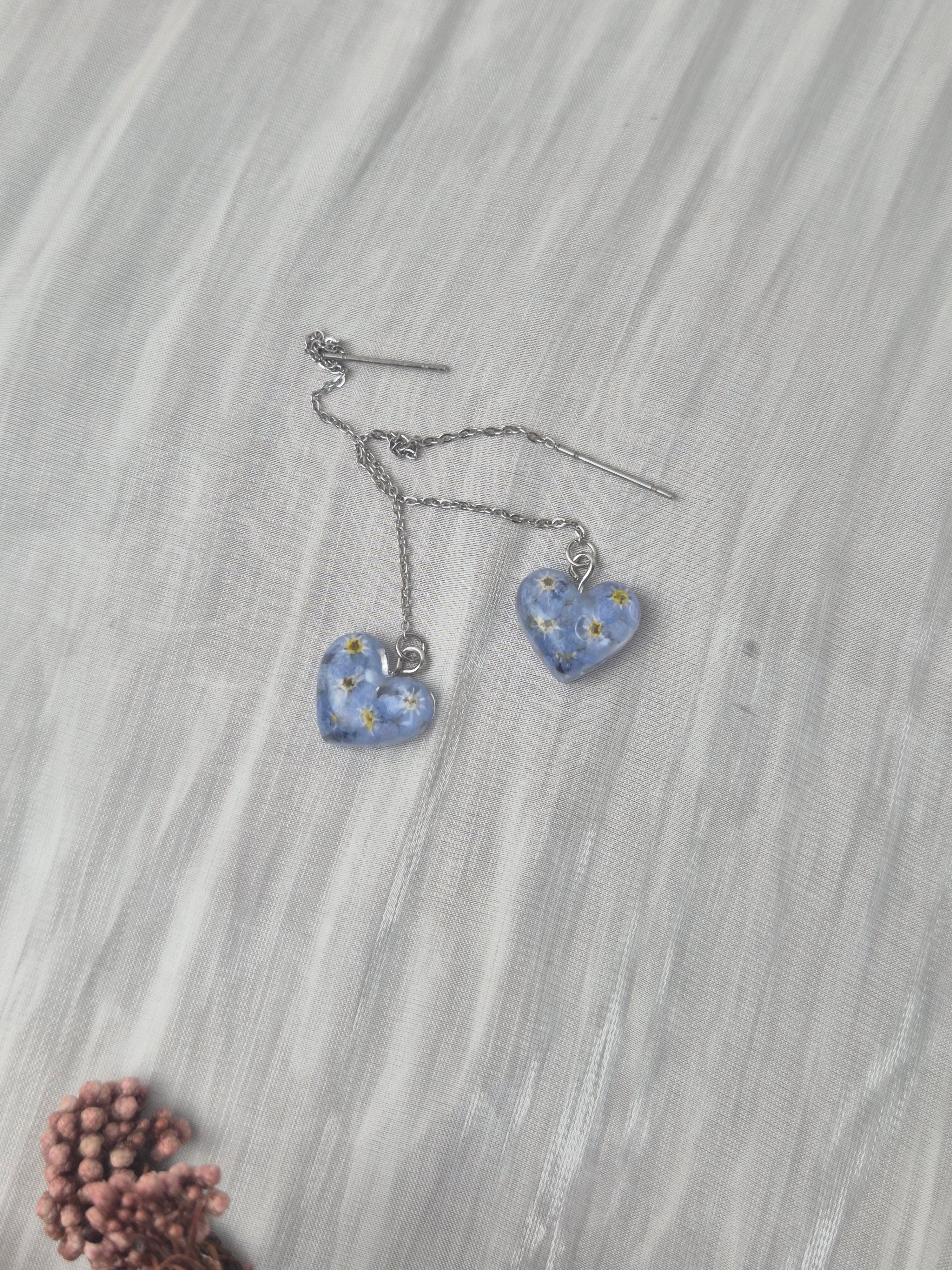 Real Forget-Me-Not Heart Earrings – Handmade Botanical Jewelry