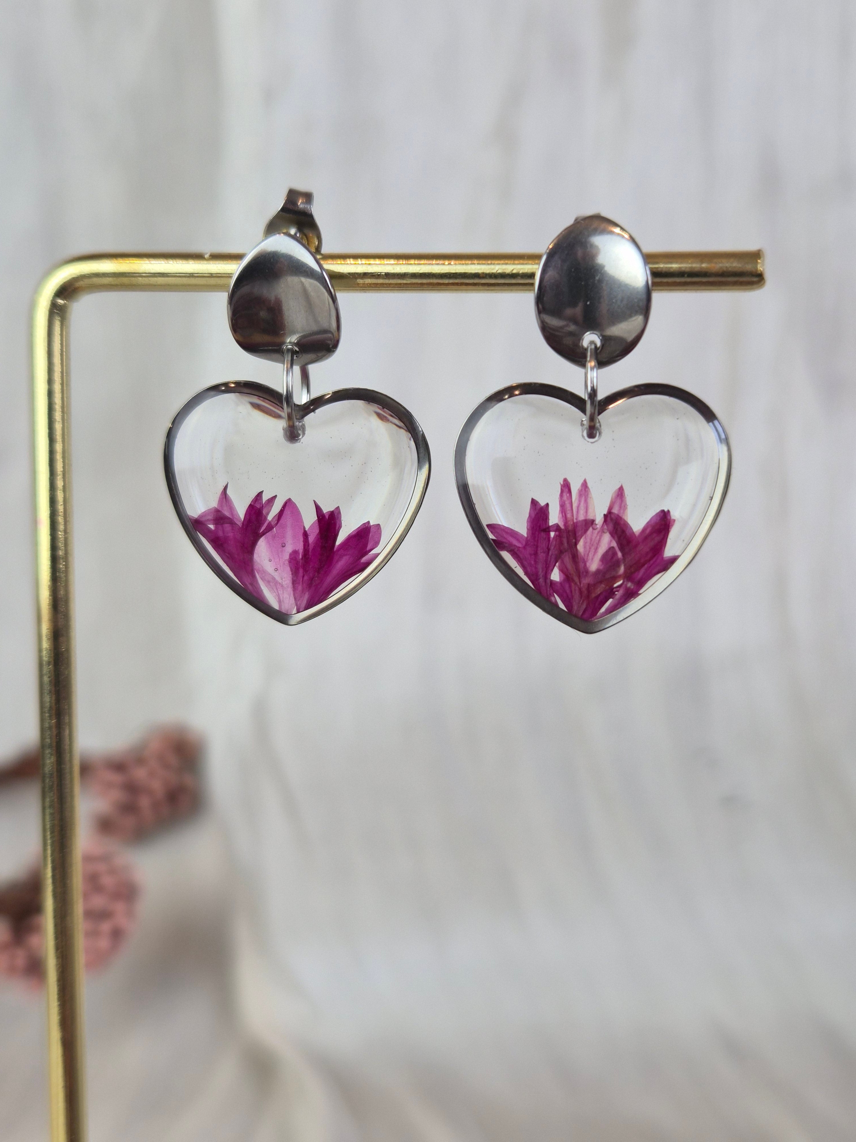 Heart Resin Earrings with Pink Dried Flowers | Handmade Floral Earrings