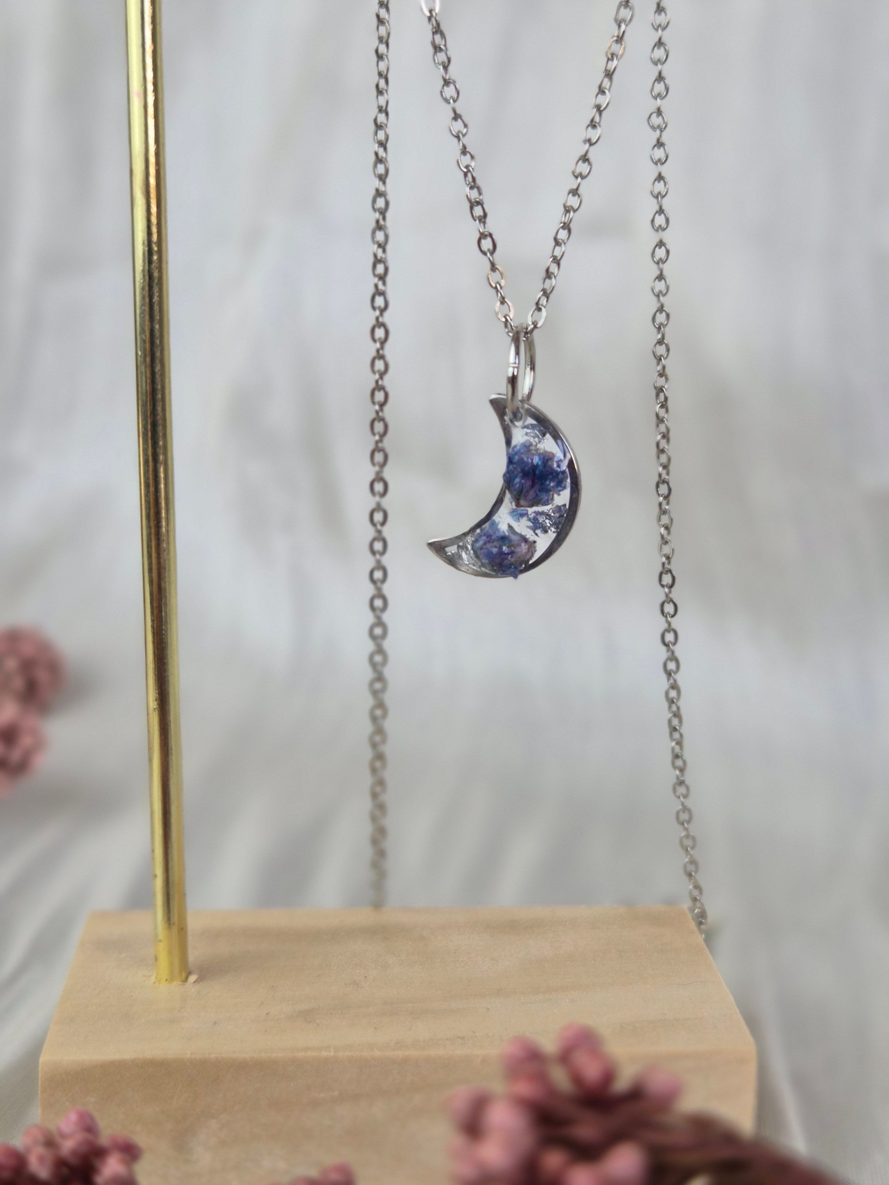 Blue Baby's Breath Moon Necklace