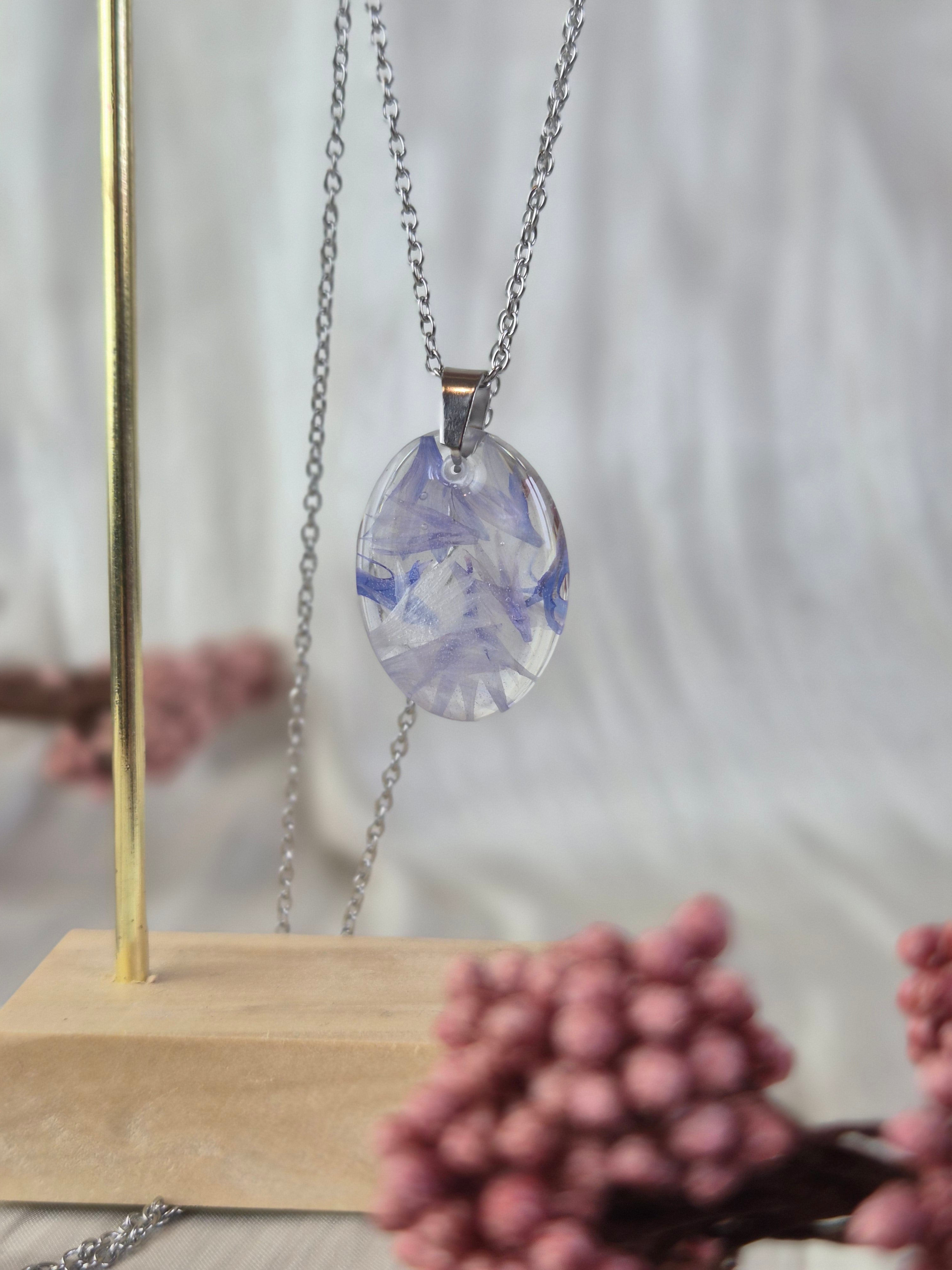 Cornflower Resin Pendant with Real Flowers