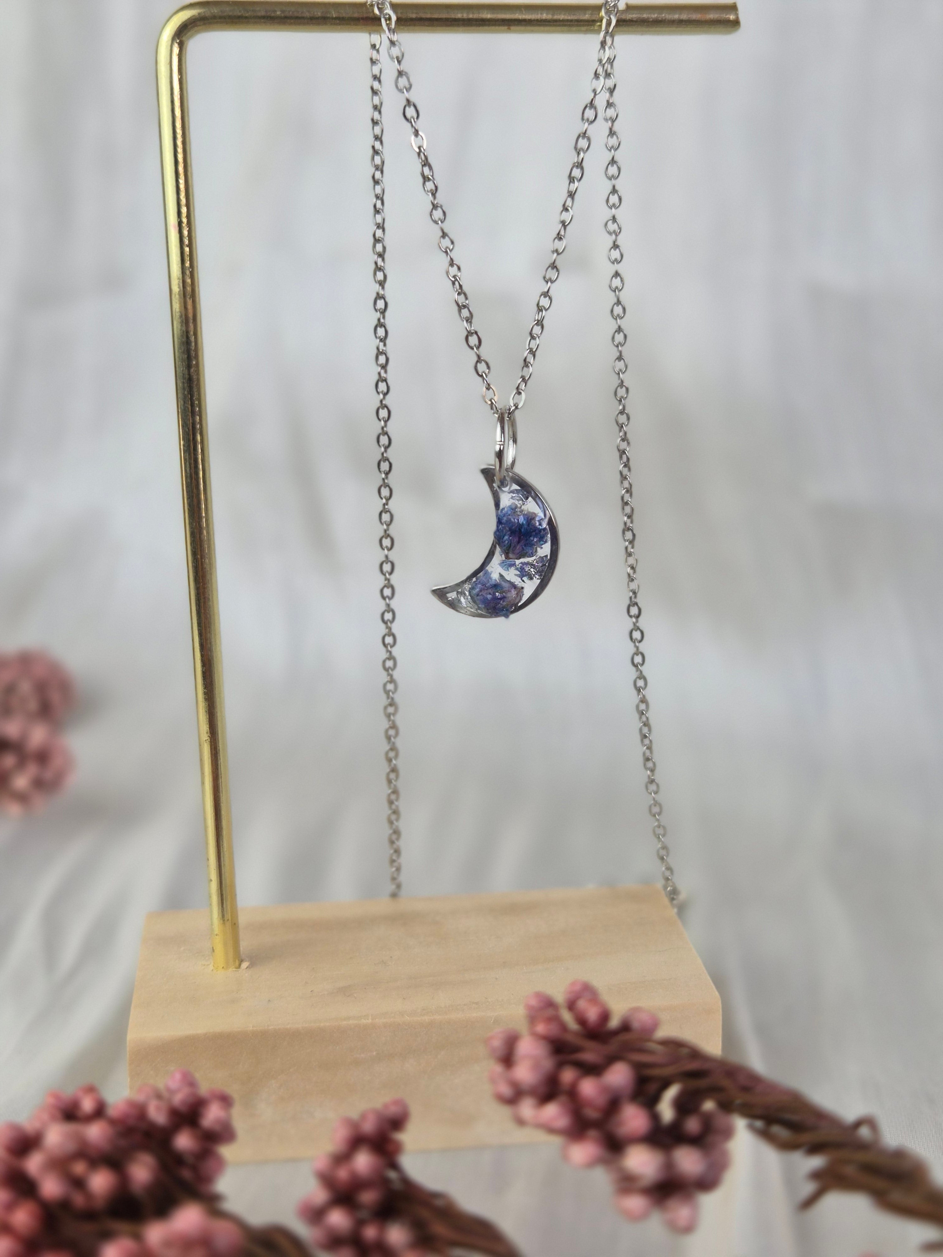Blue Baby's Breath Moon Necklace