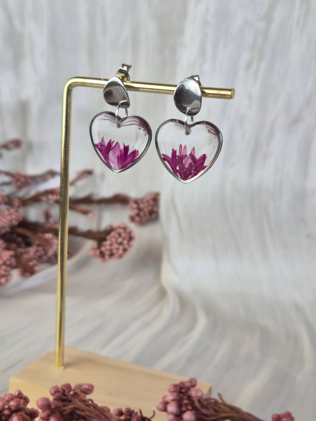 Heart Resin Earrings with Pink Dried Flowers | Handmade Floral Earrings