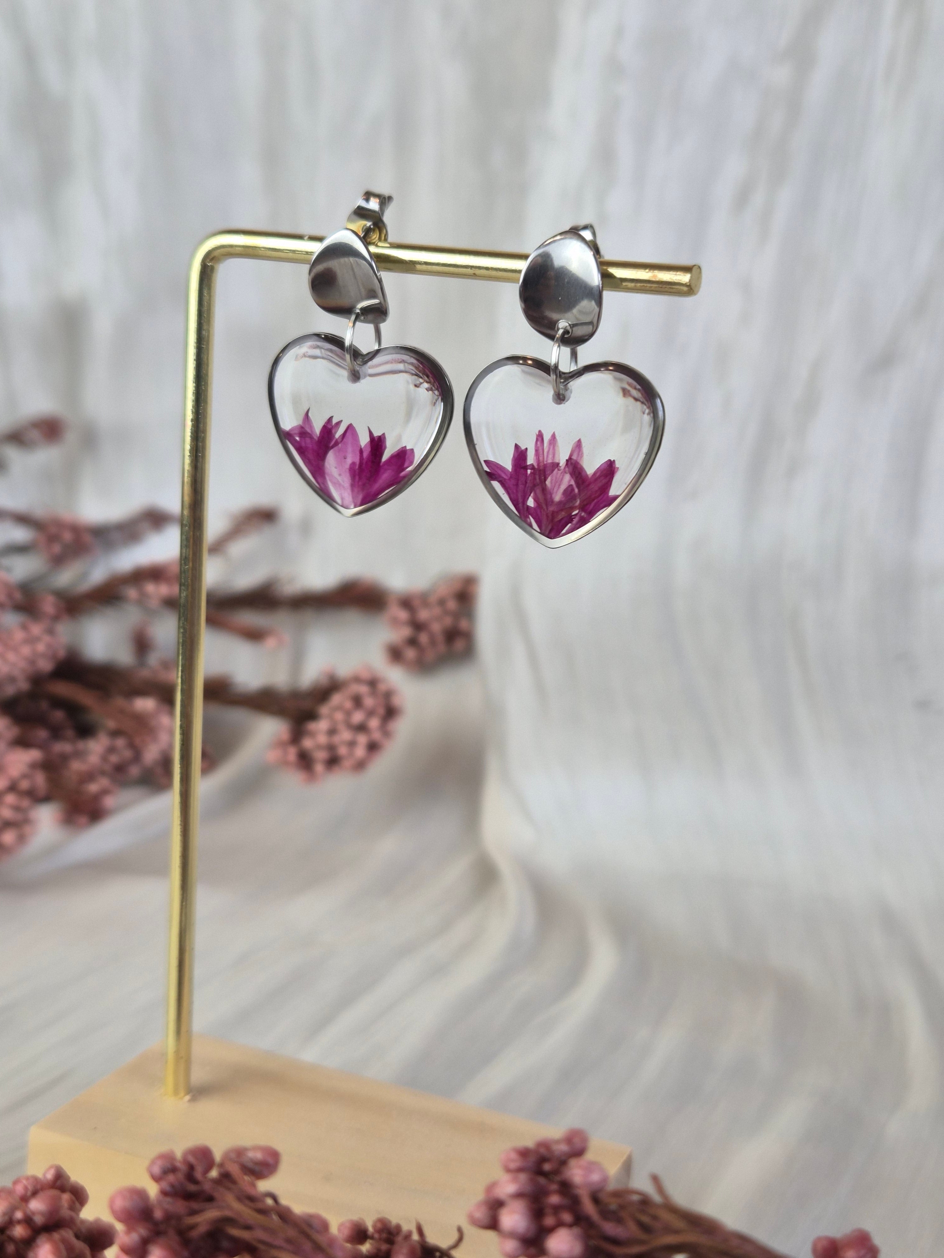Heart Resin Earrings with Pink Dried Flowers | Handmade Floral Earrings