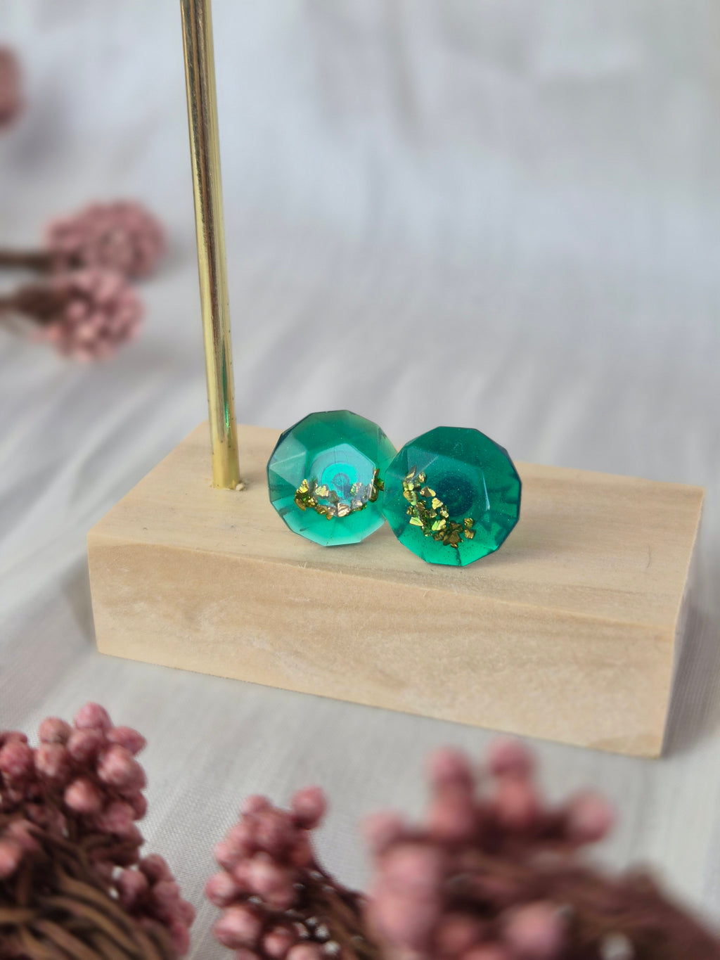 Emerald Green Resin Stud Earrings with Gold Flakes