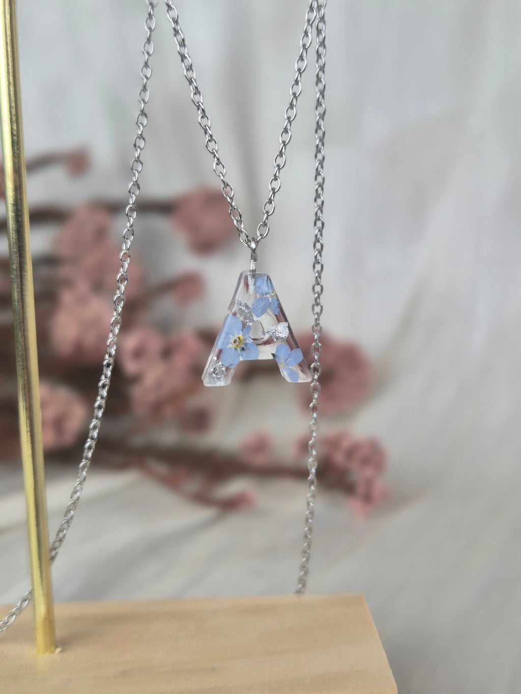 Personalized Initial Necklace with Real Forget-Me-Not Flowers – Handmade Botanical Jewelry
