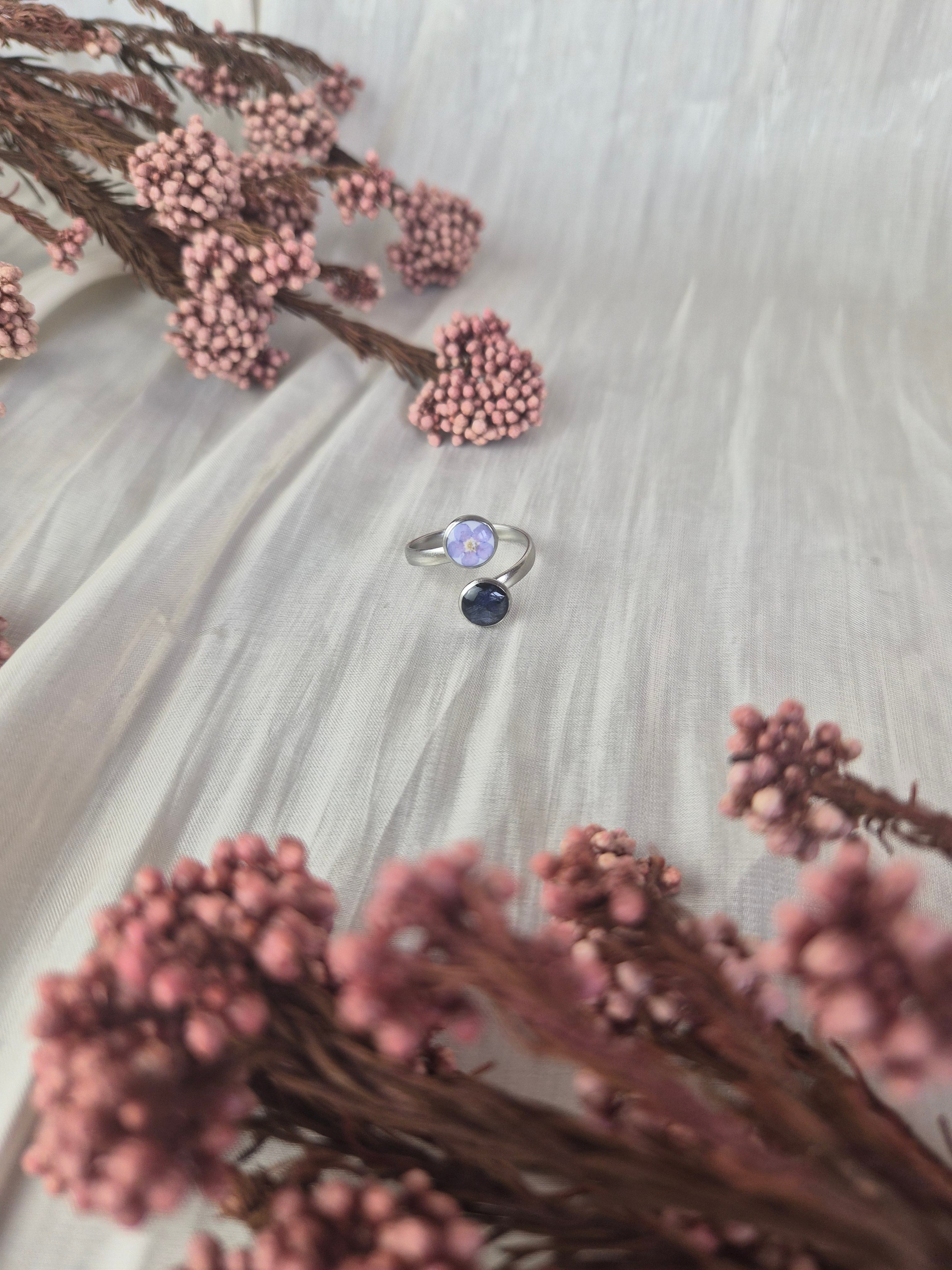 Adjustable Ring with Real Forget-Me-Not and Cornflower Petals