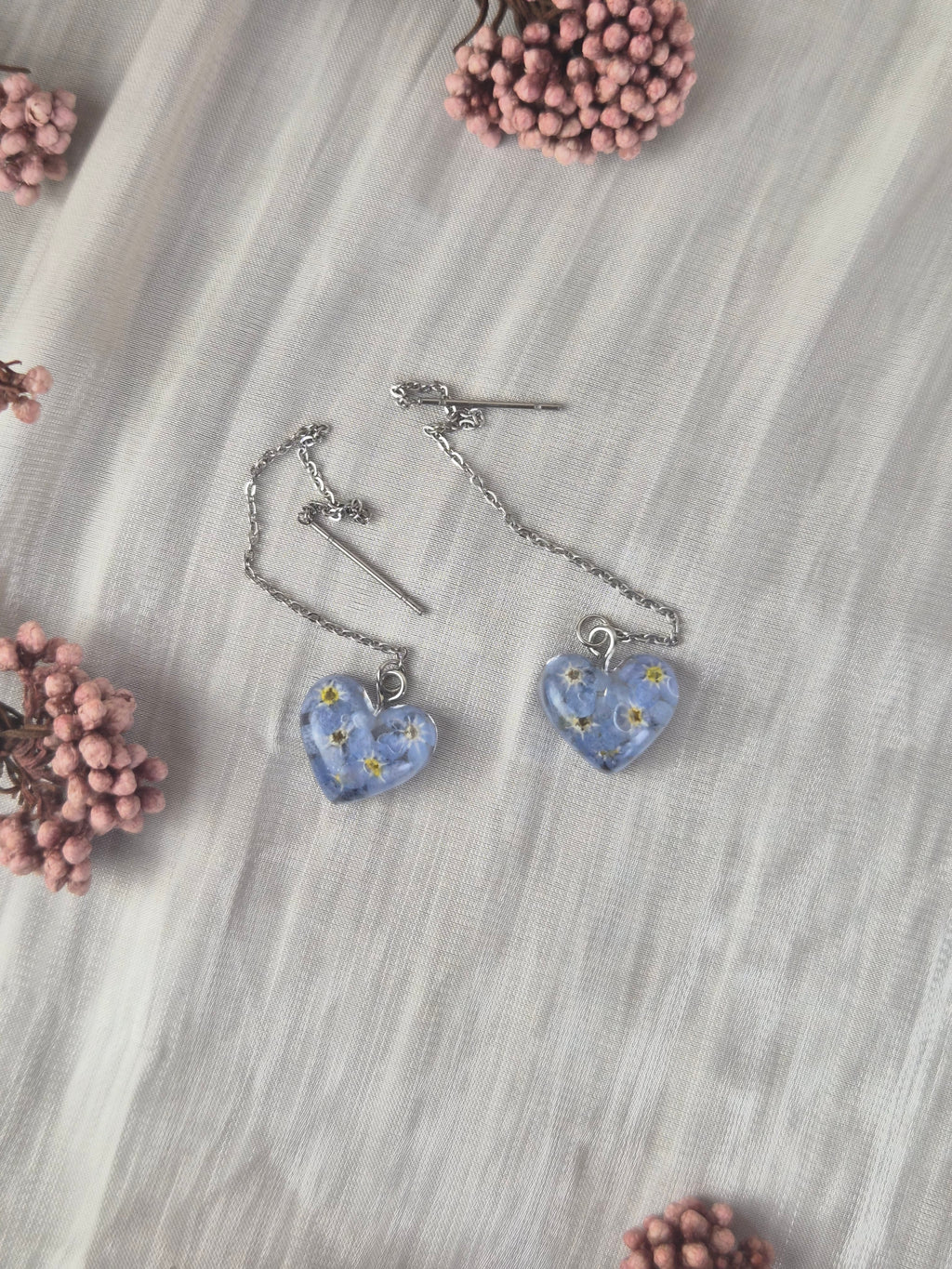 Real Forget-Me-Not Heart Earrings – Handmade Botanical Jewelry