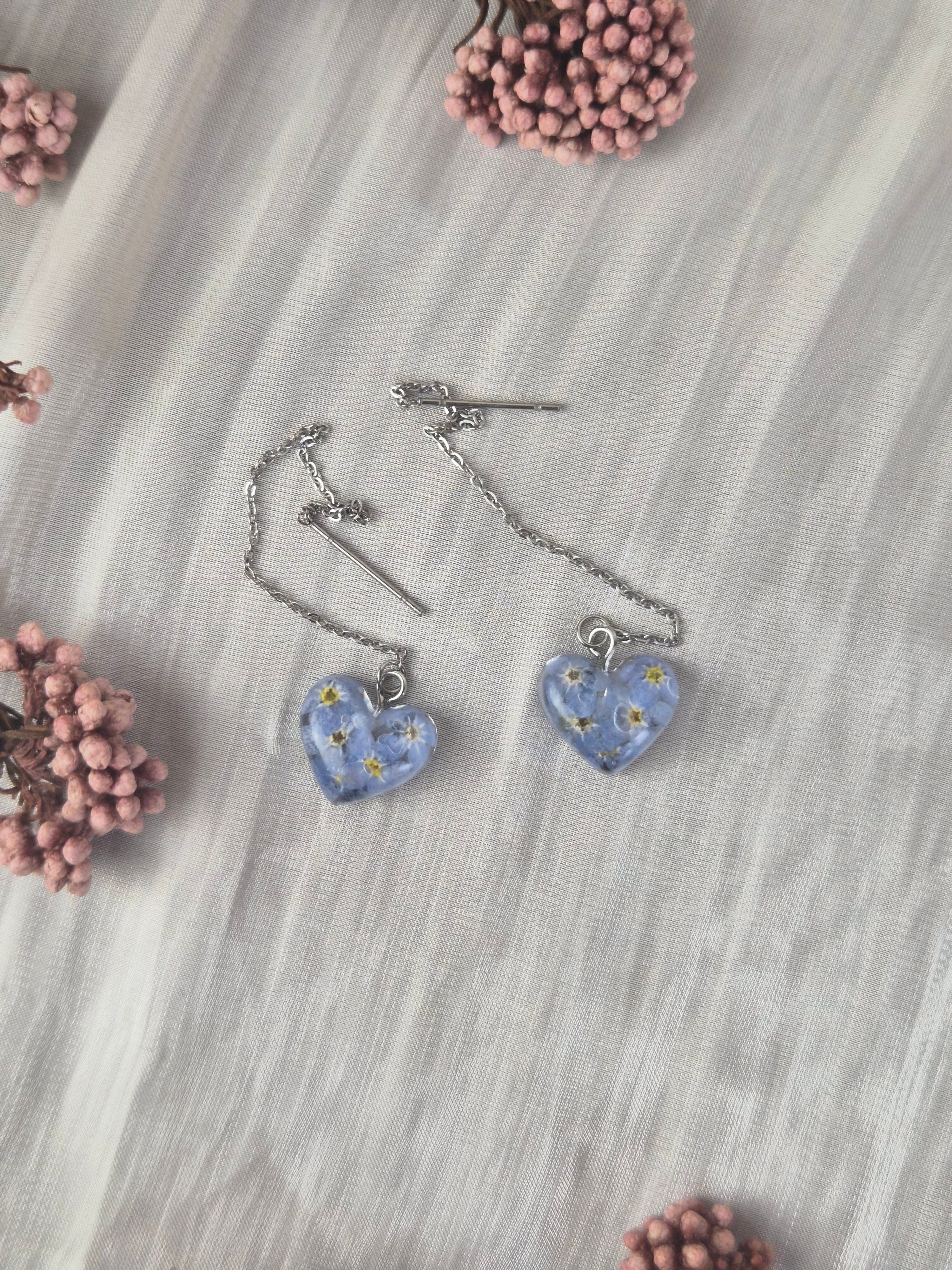 Real Forget-Me-Not Heart Earrings – Handmade Botanical Jewelry