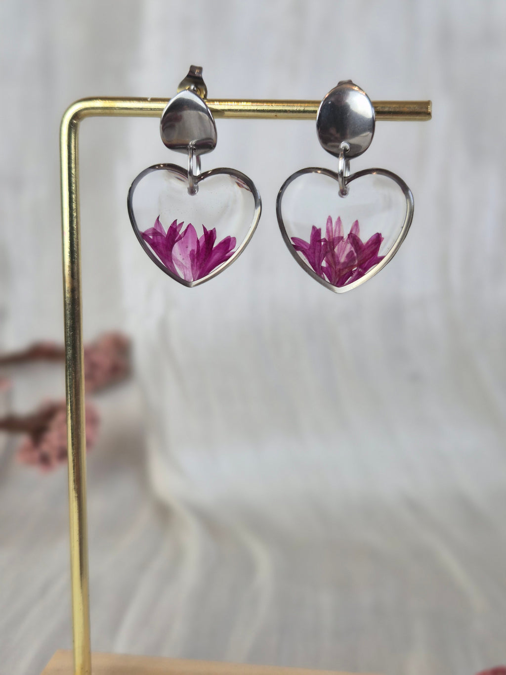 Heart Resin Earrings with Pink Dried Flowers | Handmade Floral Earrings