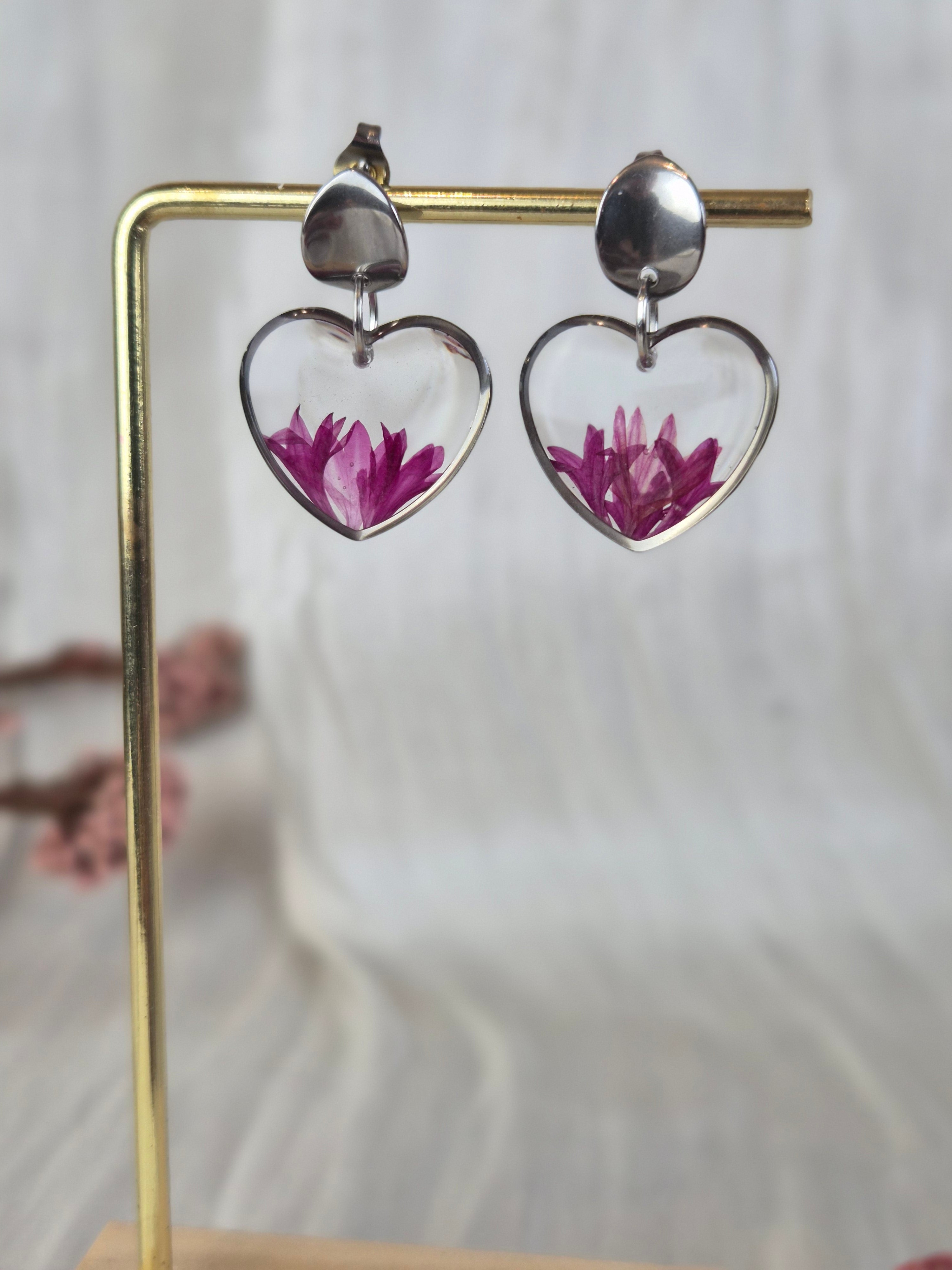 Heart Resin Earrings with Pink Dried Flowers | Handmade Floral Earrings