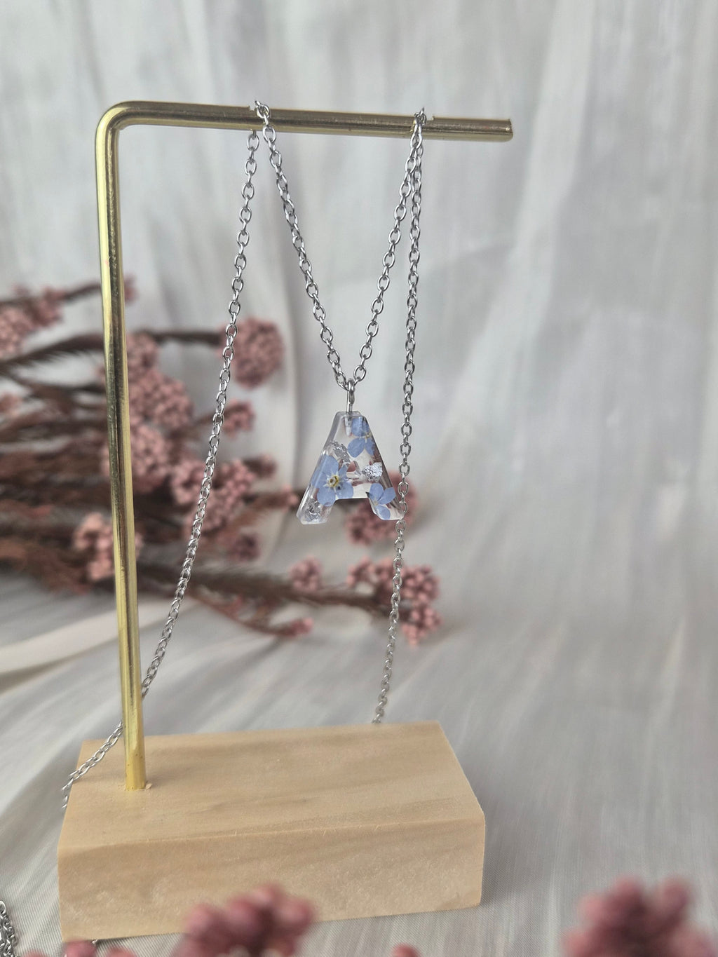 Personalized Initial Necklace with Real Forget-Me-Not Flowers – Handmade Botanical Jewelry