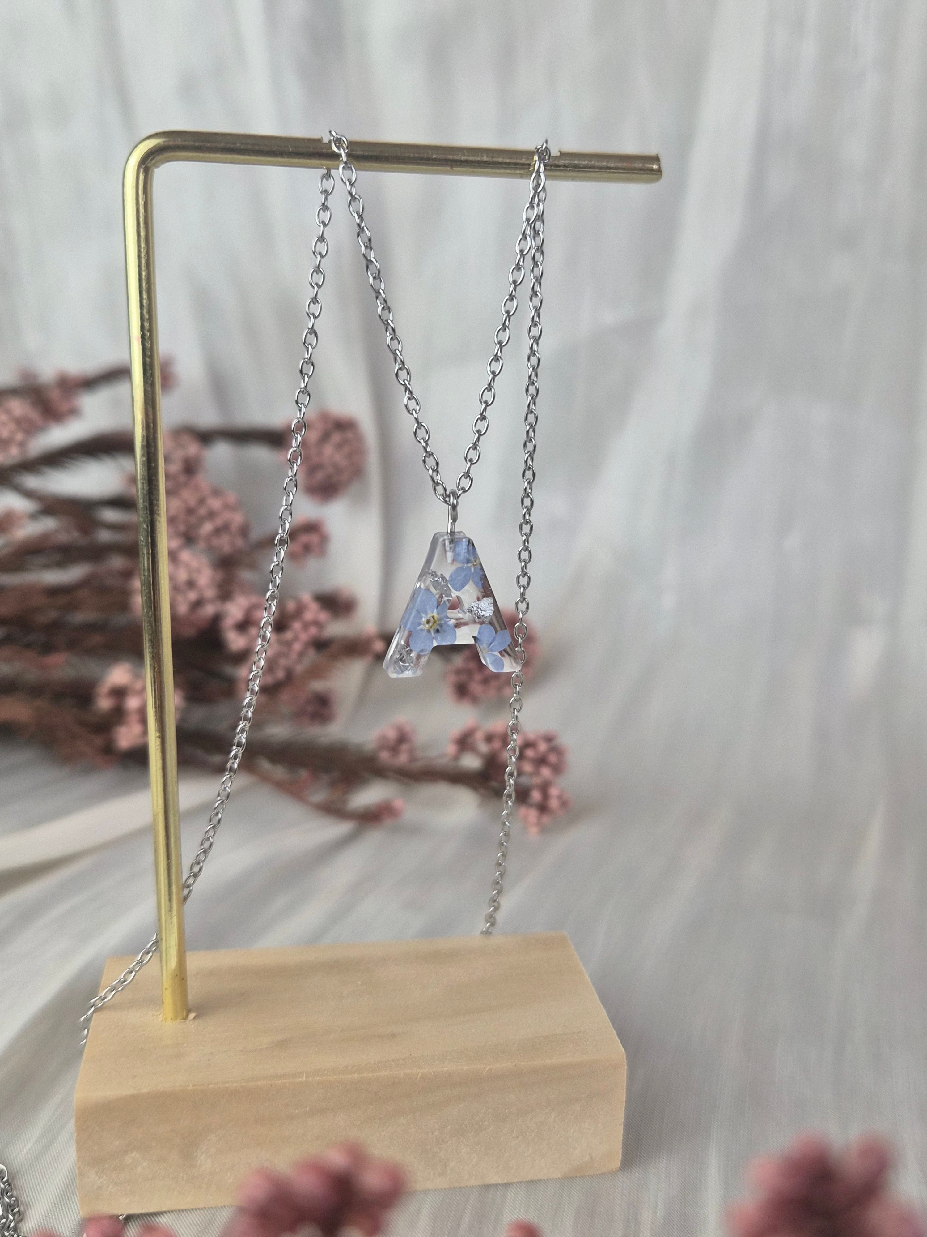 Personalized Initial Necklace with Real Forget-Me-Not Flowers – Handmade Botanical Jewelry