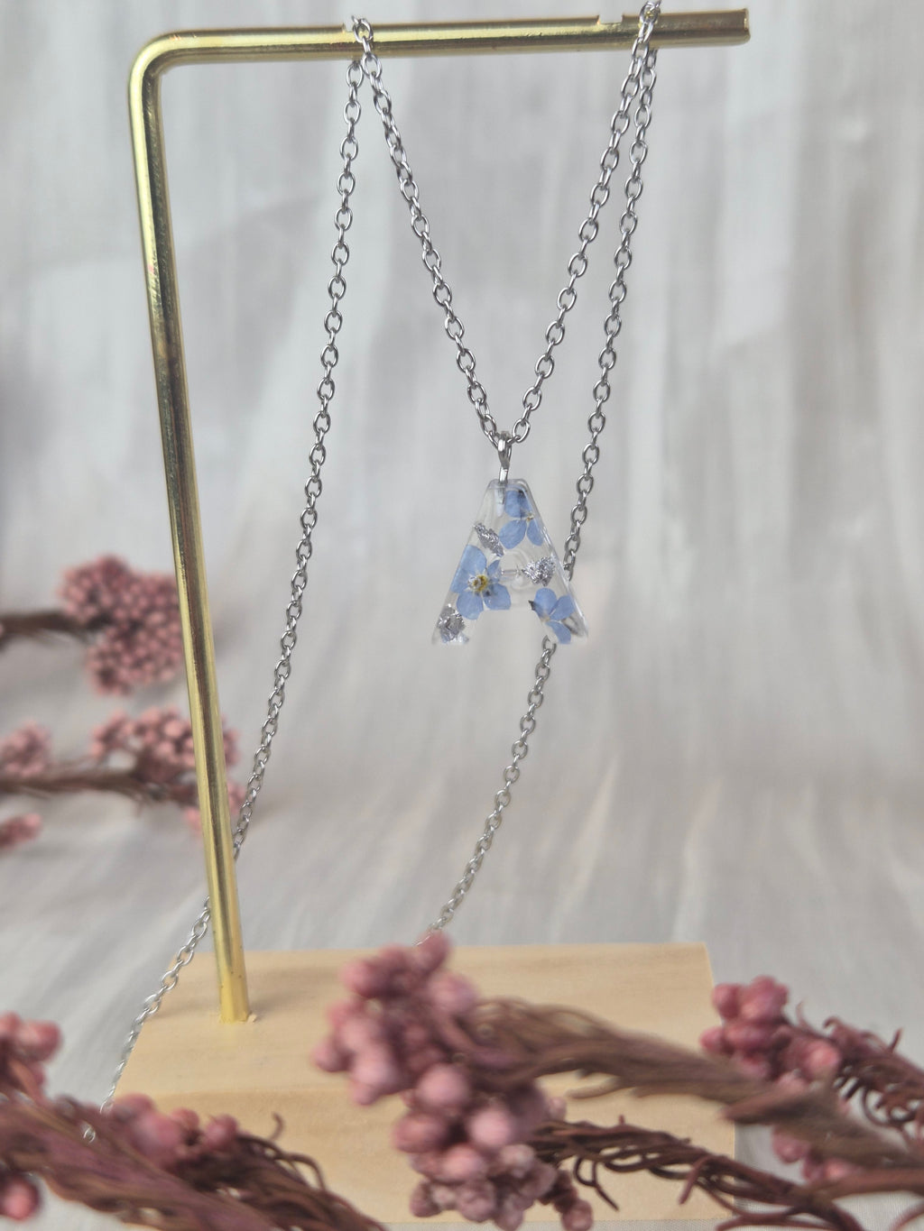 Personalized Initial Necklace with Real Forget-Me-Not Flowers – Handmade Botanical Jewelry