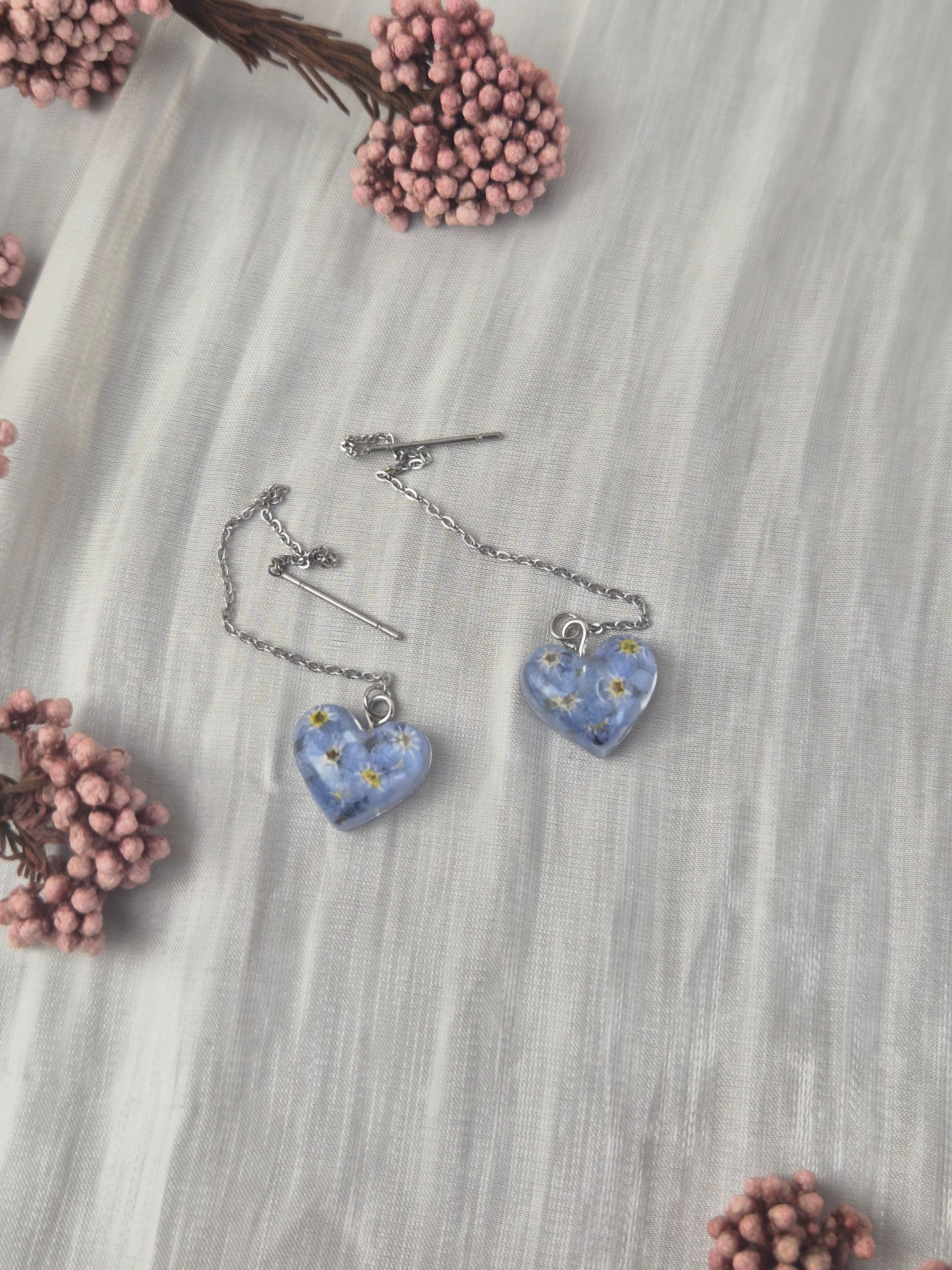 Real Forget-Me-Not Heart Earrings – Handmade Botanical Jewelry