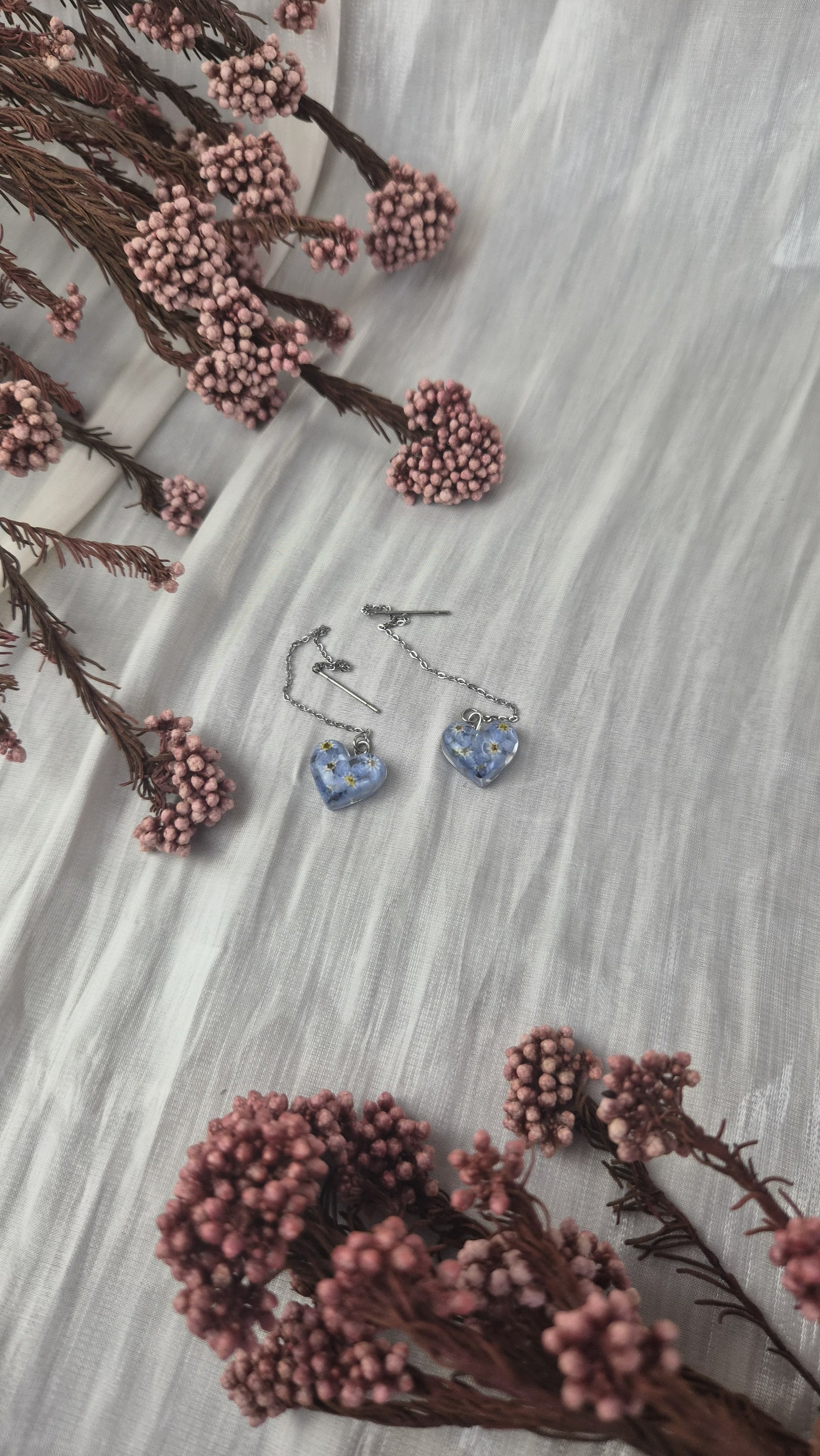 Real Forget-Me-Not Heart Earrings – Handmade Botanical Jewelry