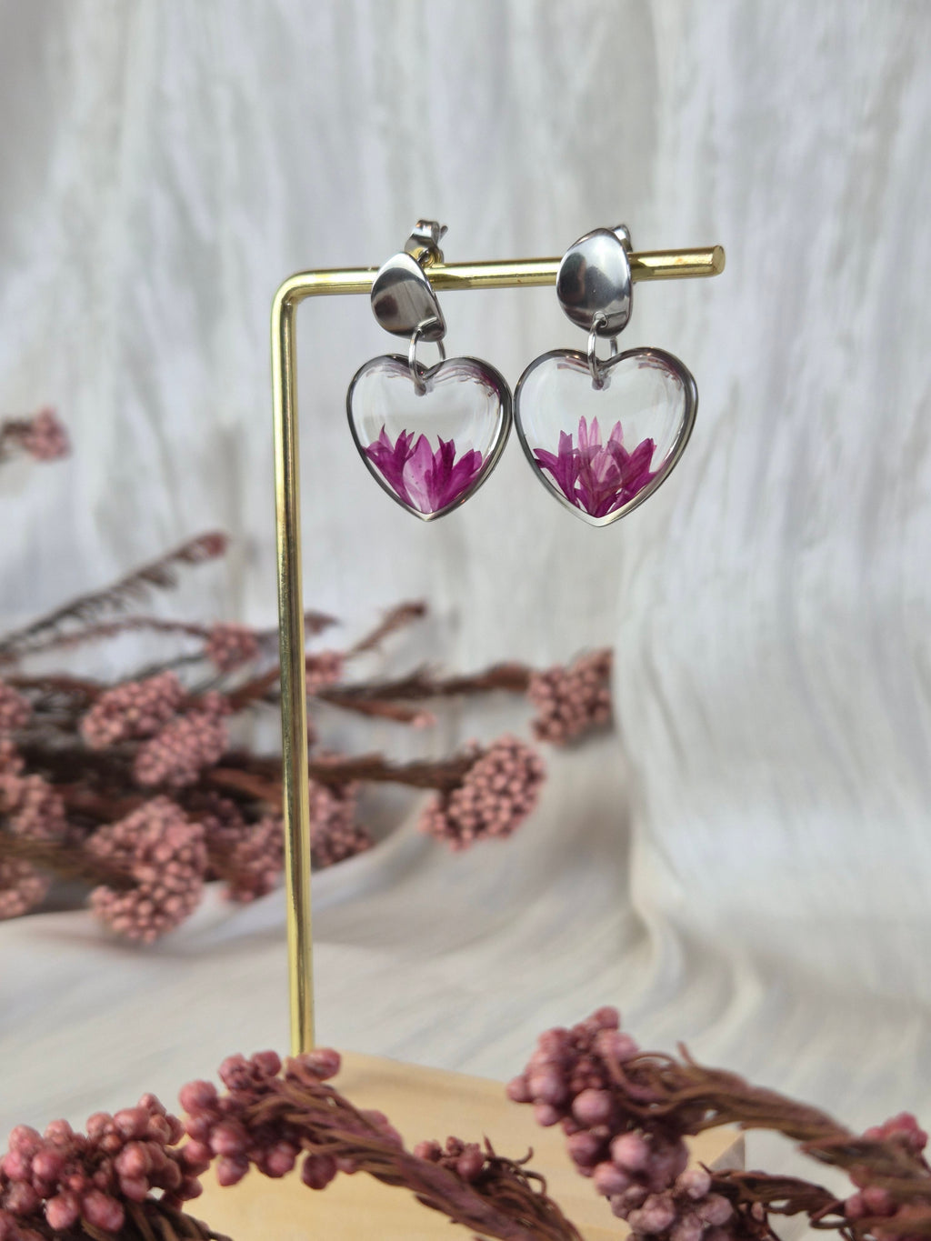 Heart Resin Earrings with Pink Dried Flowers | Handmade Floral Earrings