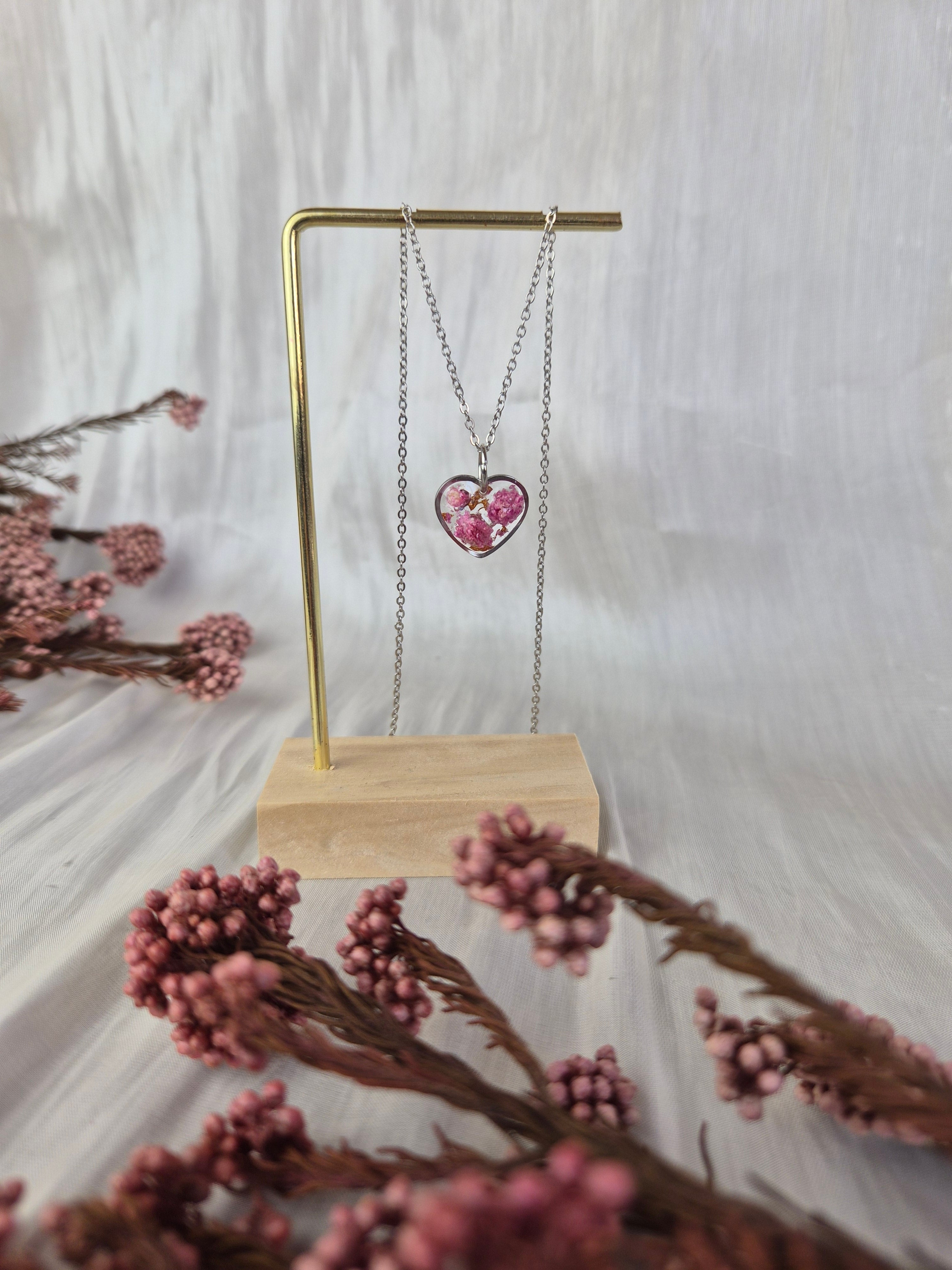 Pink Baby's Breath Heart Necklace