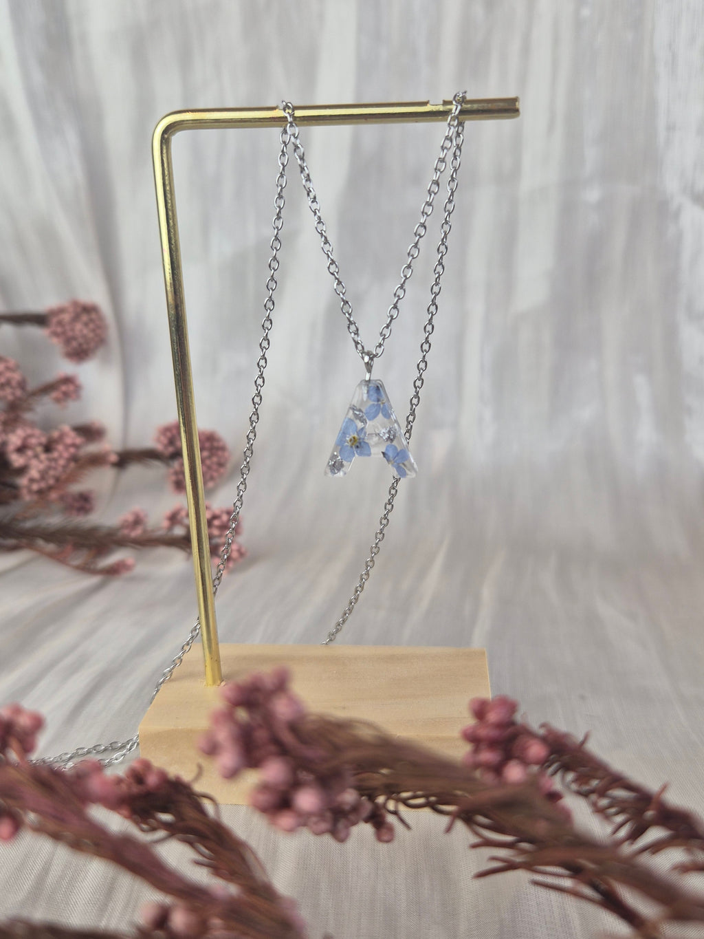Personalized Initial Necklace with Real Forget-Me-Not Flowers – Handmade Botanical Jewelry