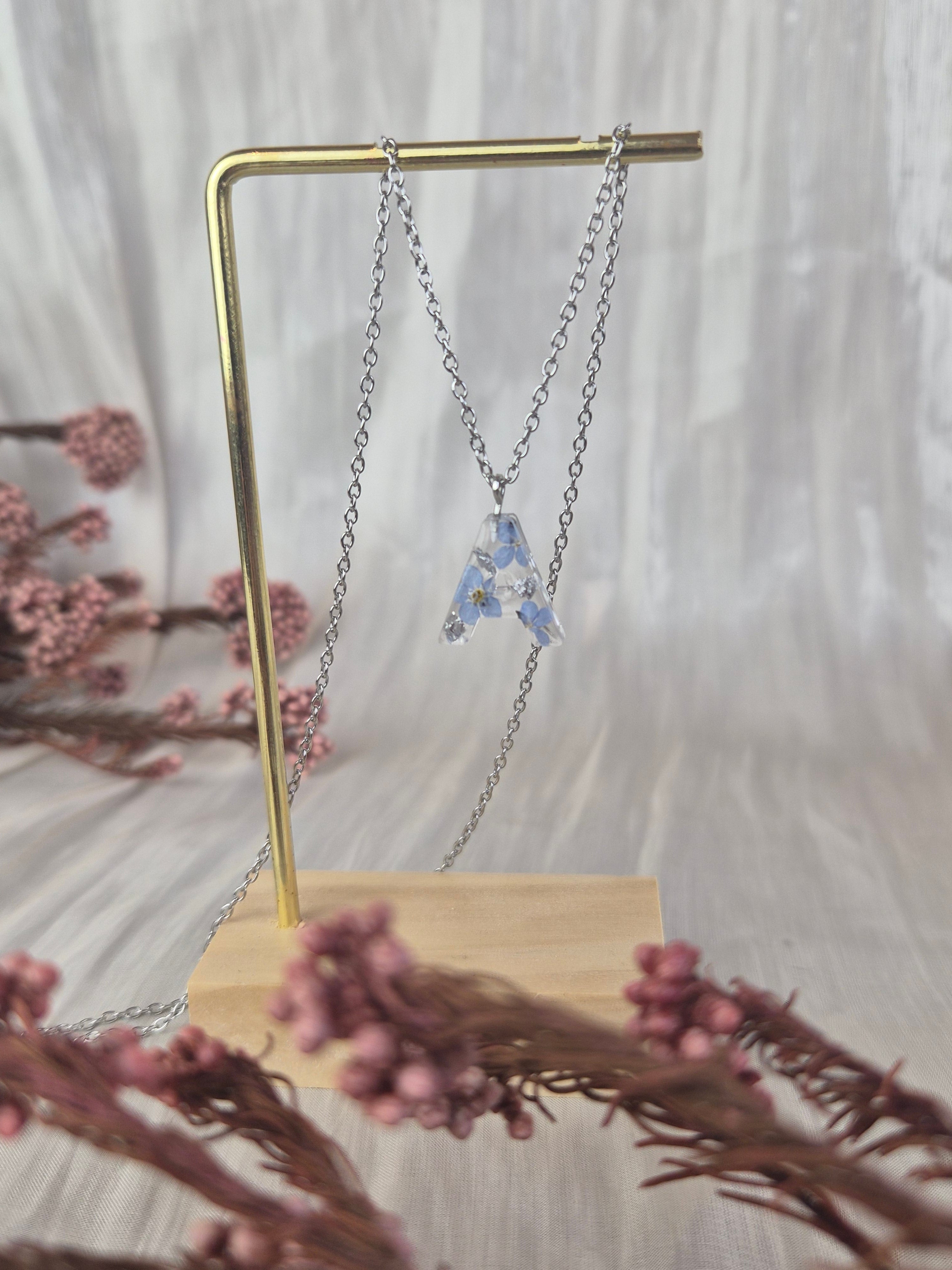 Personalized Initial Necklace with Real Forget-Me-Not Flowers – Handmade Botanical Jewelry
