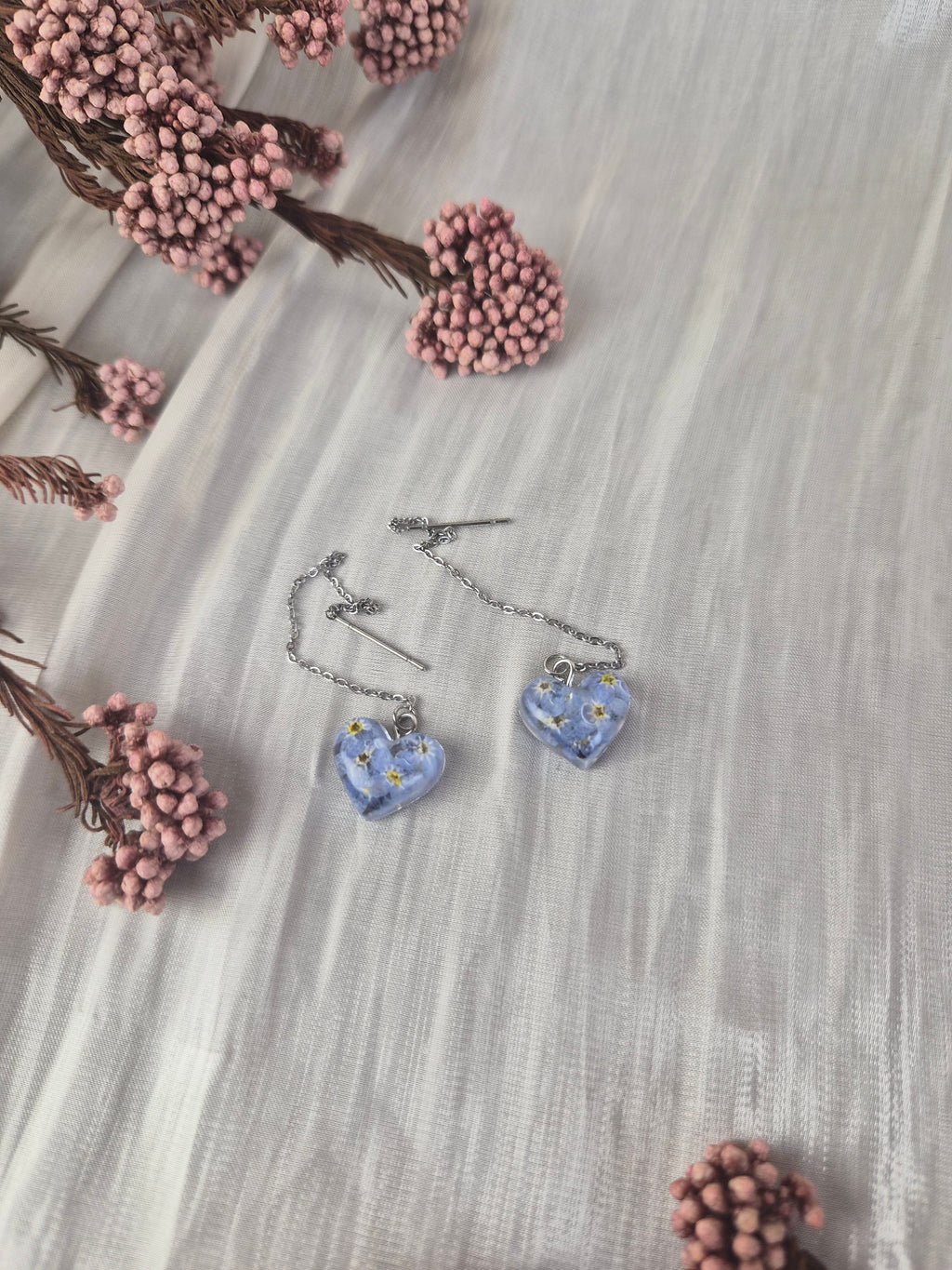 Real Forget-Me-Not Heart Earrings – Handmade Botanical Jewelry