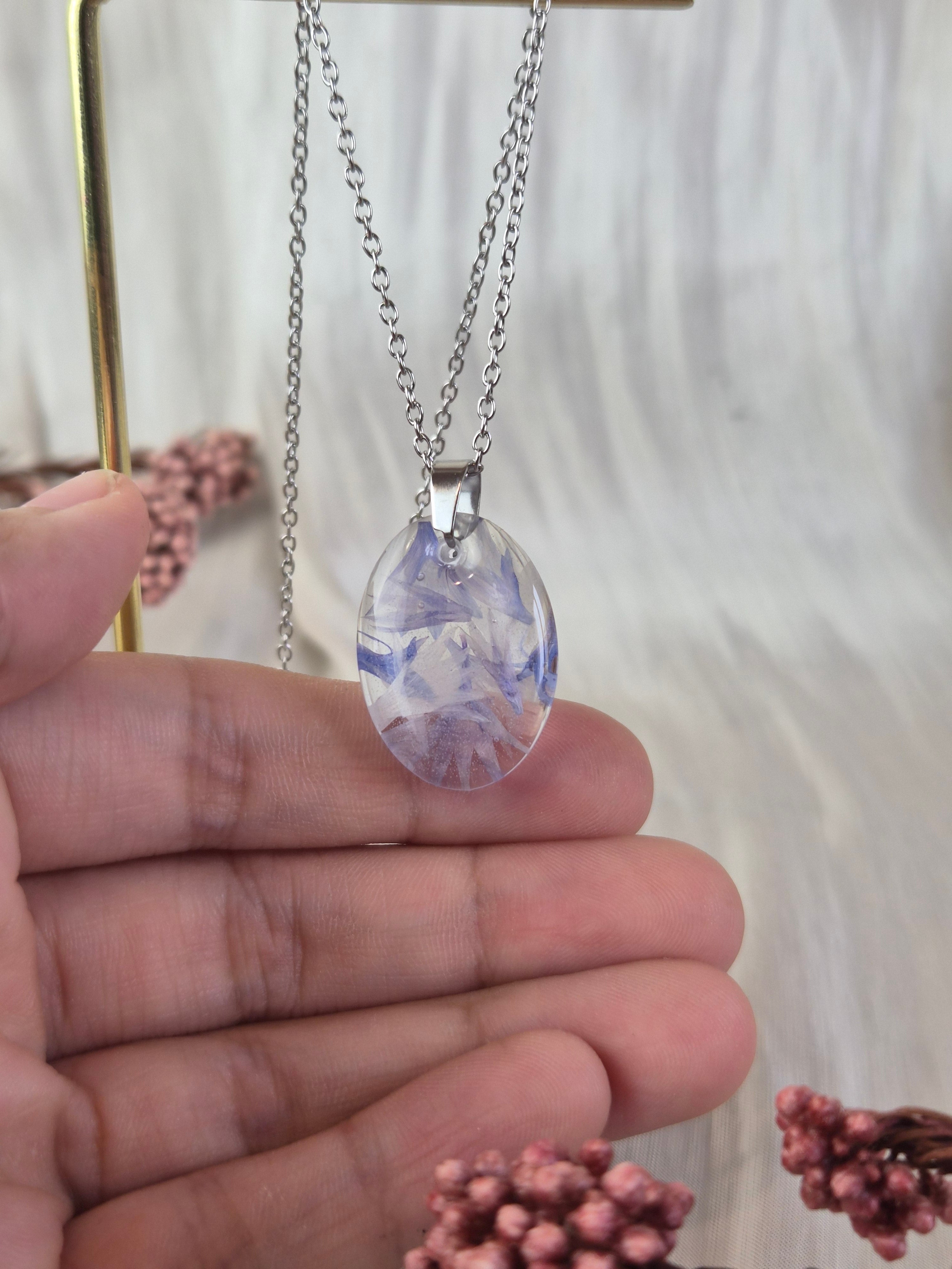 Cornflower Resin Pendant with Real Flowers