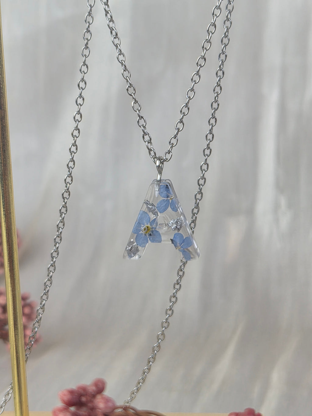 Personalized Initial Necklace with Real Forget-Me-Not Flowers – Handmade Botanical Jewelry