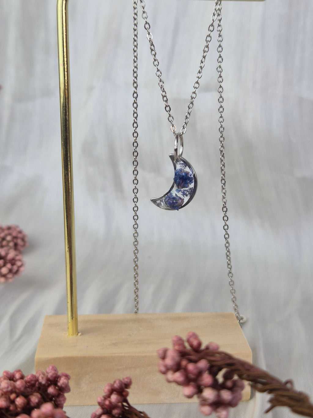 Blue Baby's Breath Moon Necklace