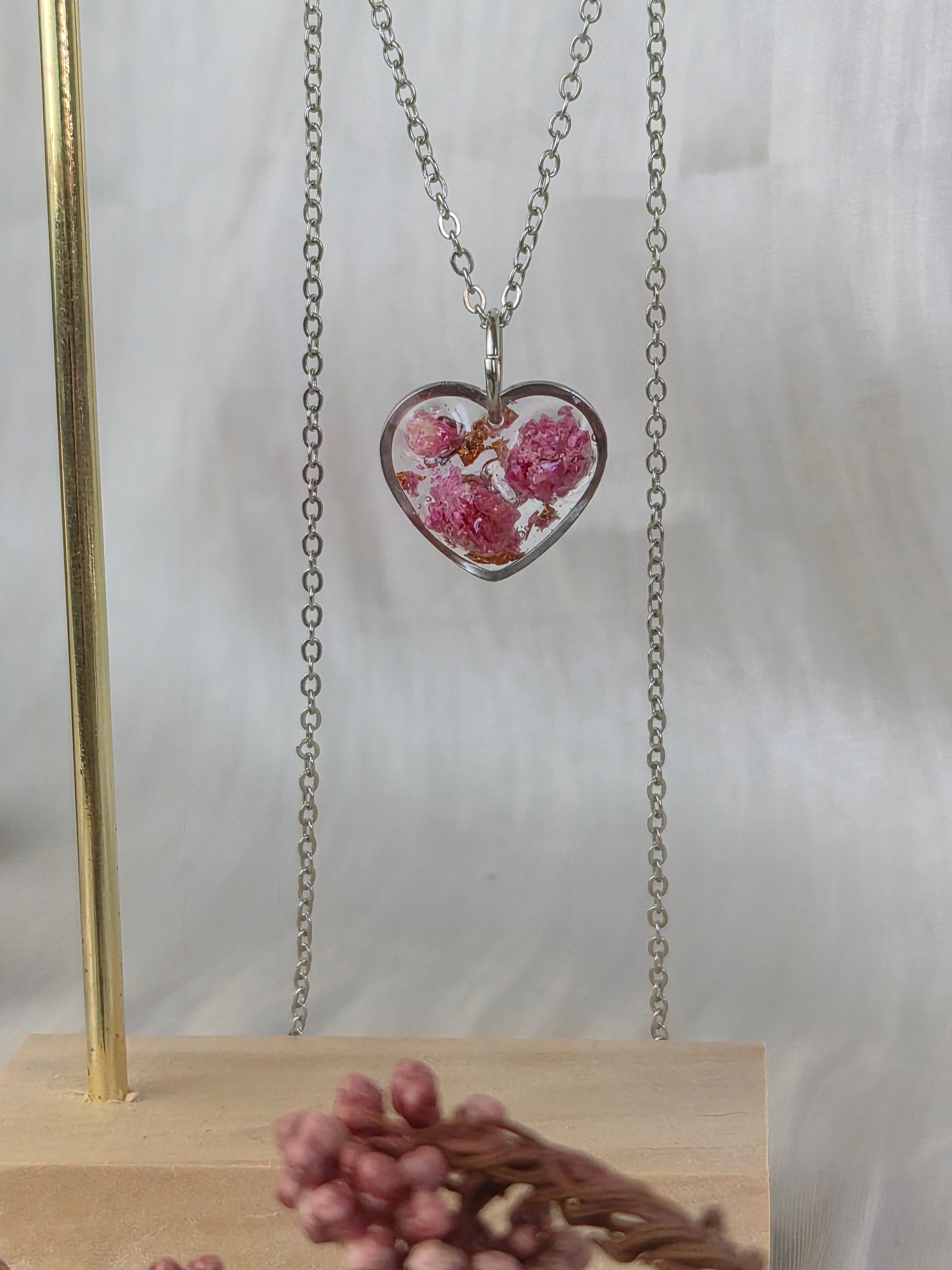 Pink Baby's Breath Heart Necklace