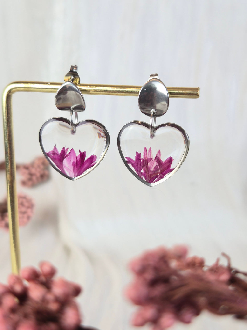 Heart Resin Earrings with Pink Dried Flowers | Handmade Floral Earrings